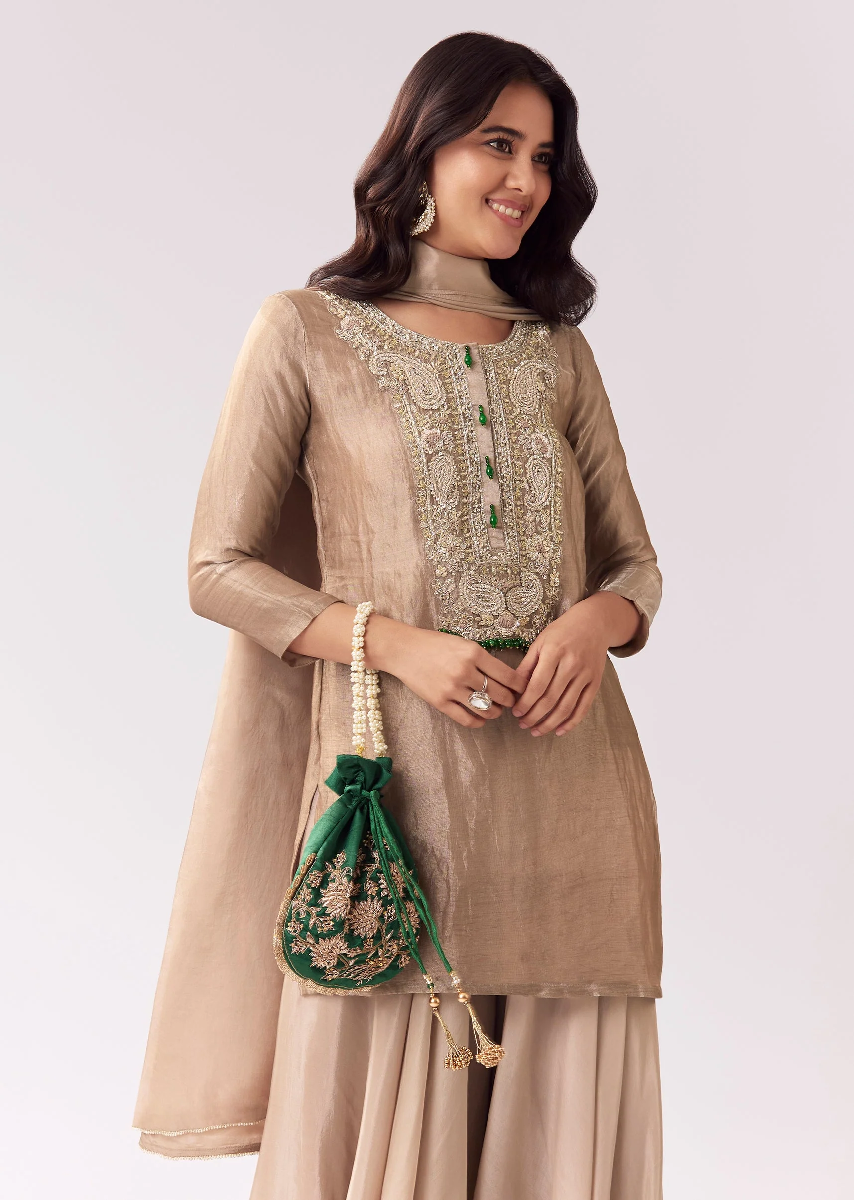 Beige Palazzo Suit With Zardozi Sequin Detailing - Image 4
