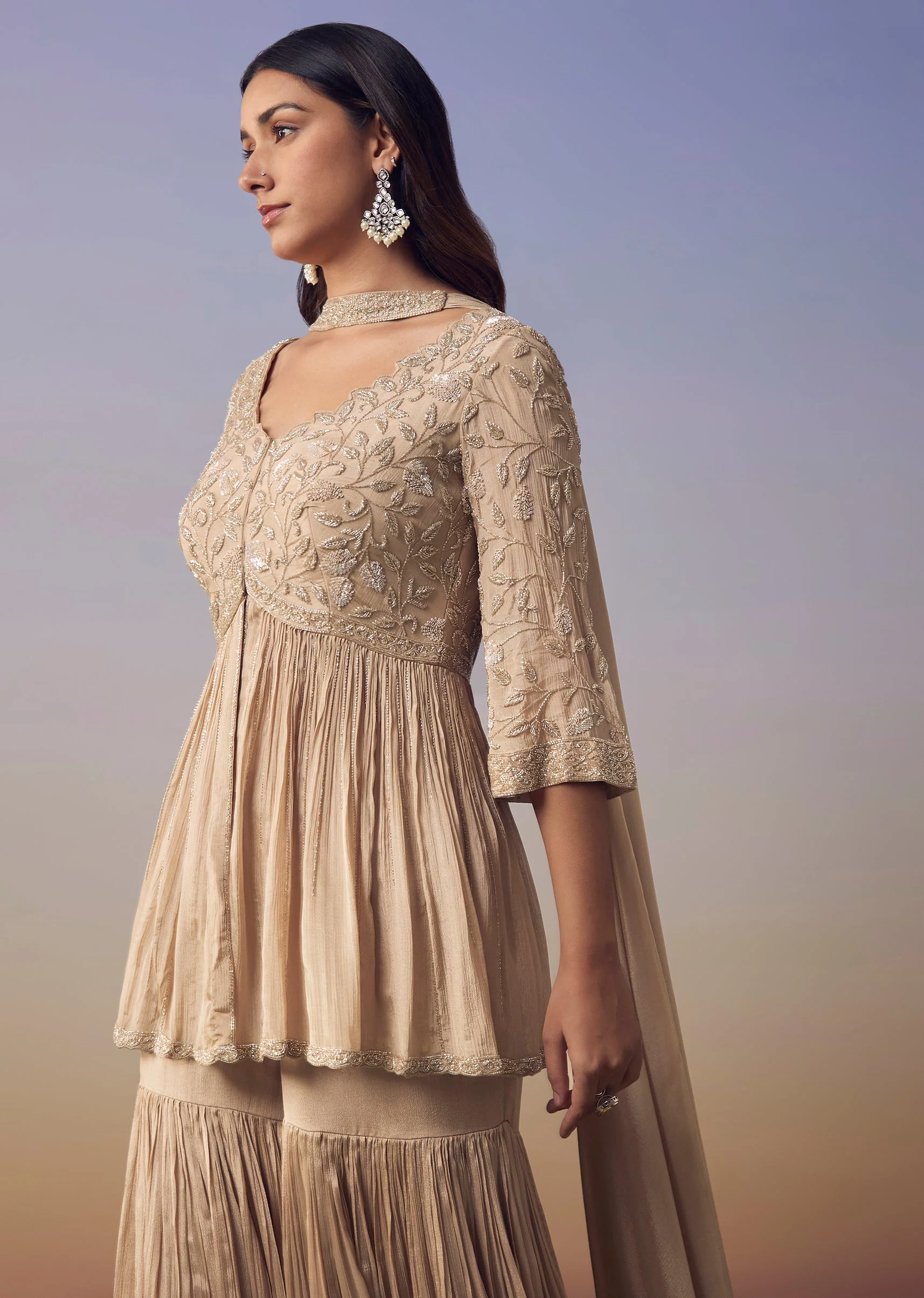 Beige Peplum Kurta Sharara Set - Image 4
