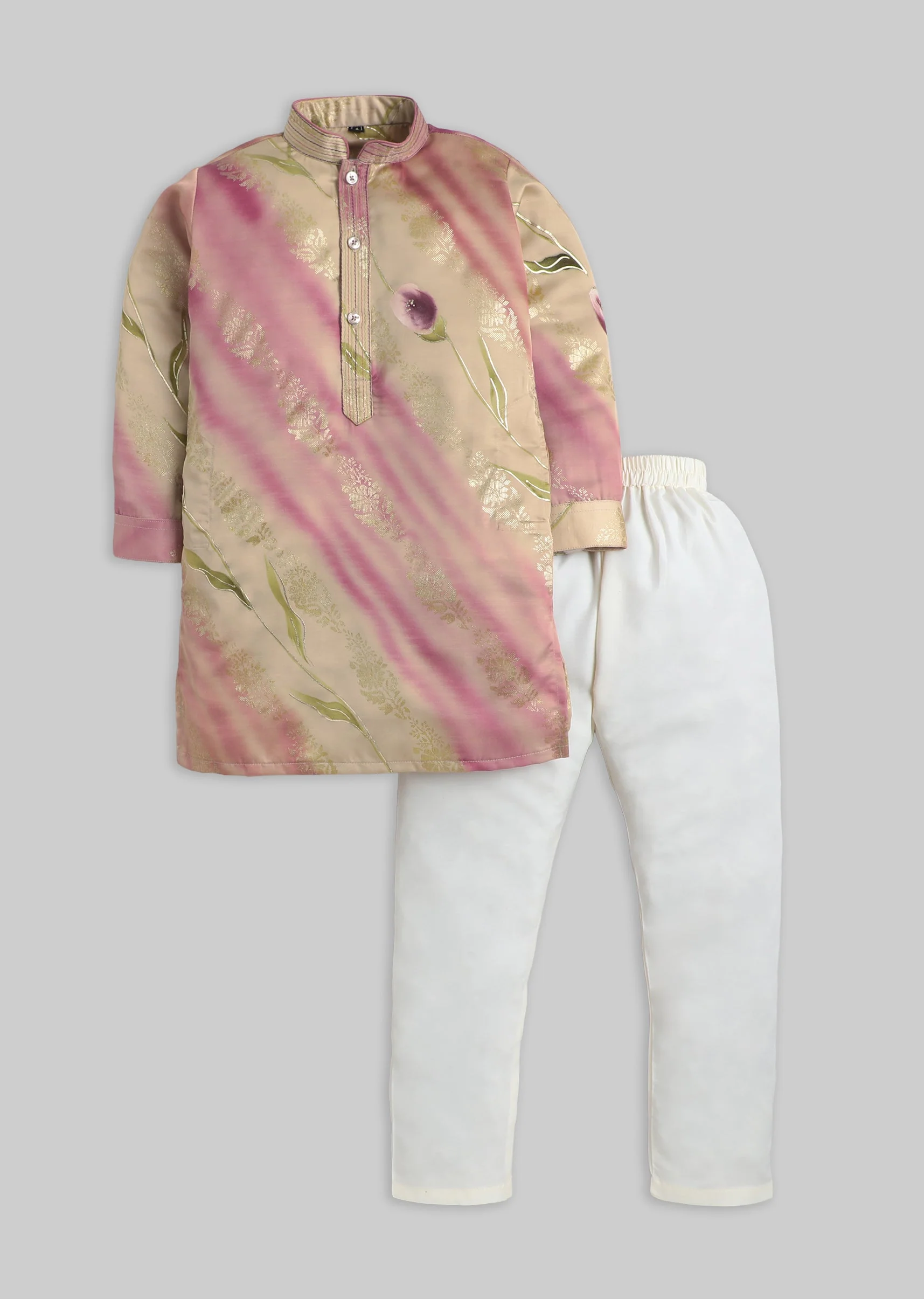 Beige Pink Floral Kurta Set For Boys