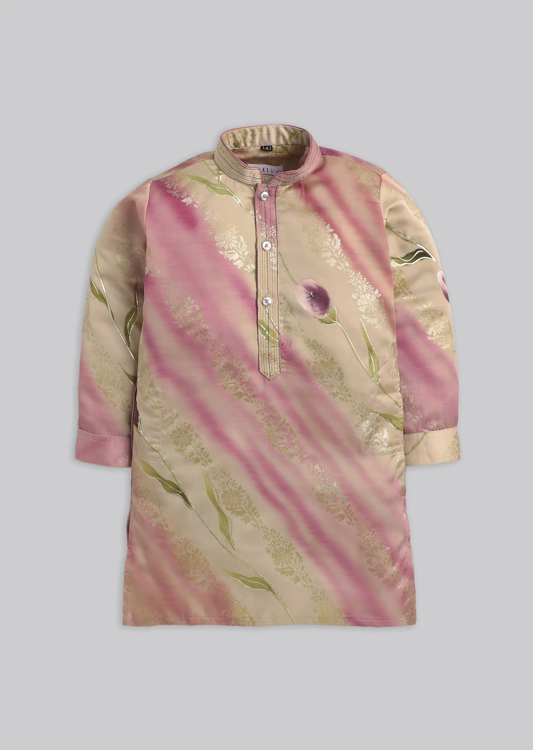 Beige Pink Floral Kurta Set For Boys - Image 2