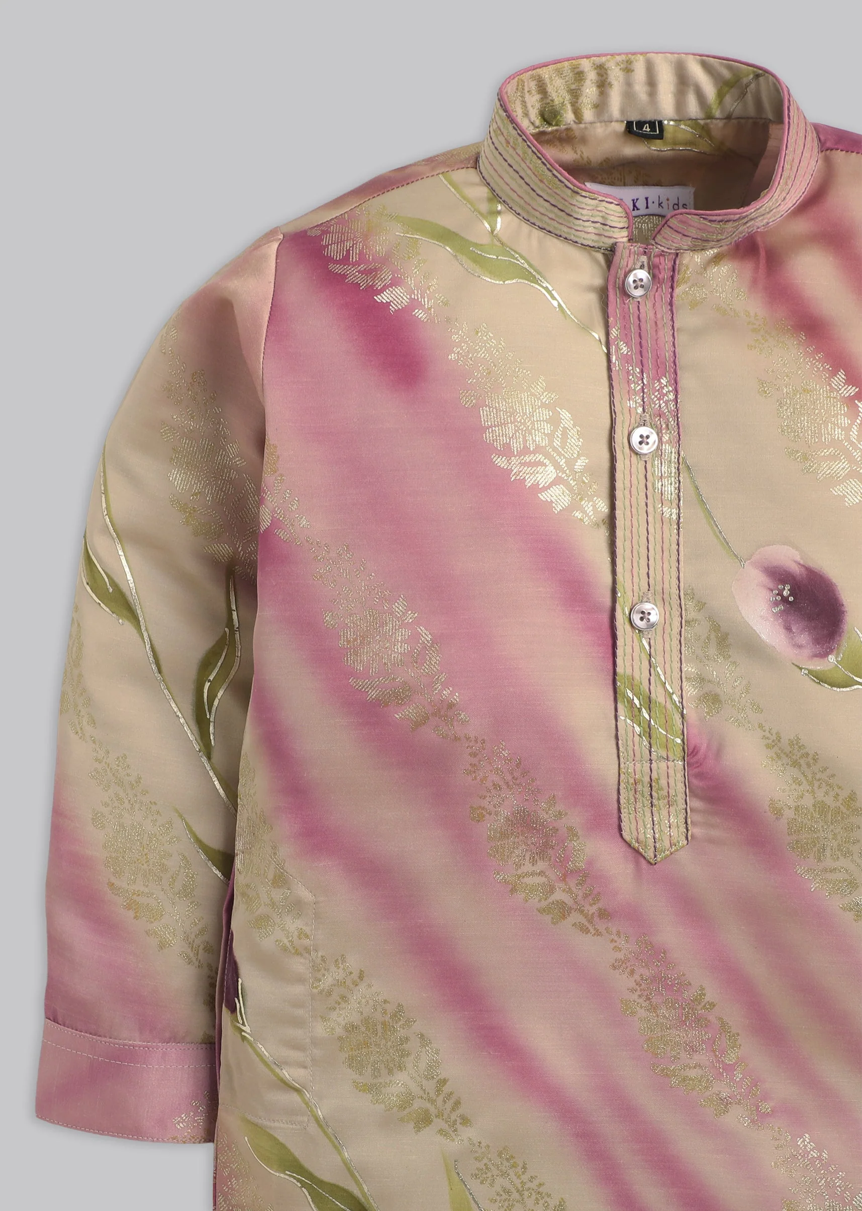 Beige Pink Floral Kurta Set For Boys - Image 5
