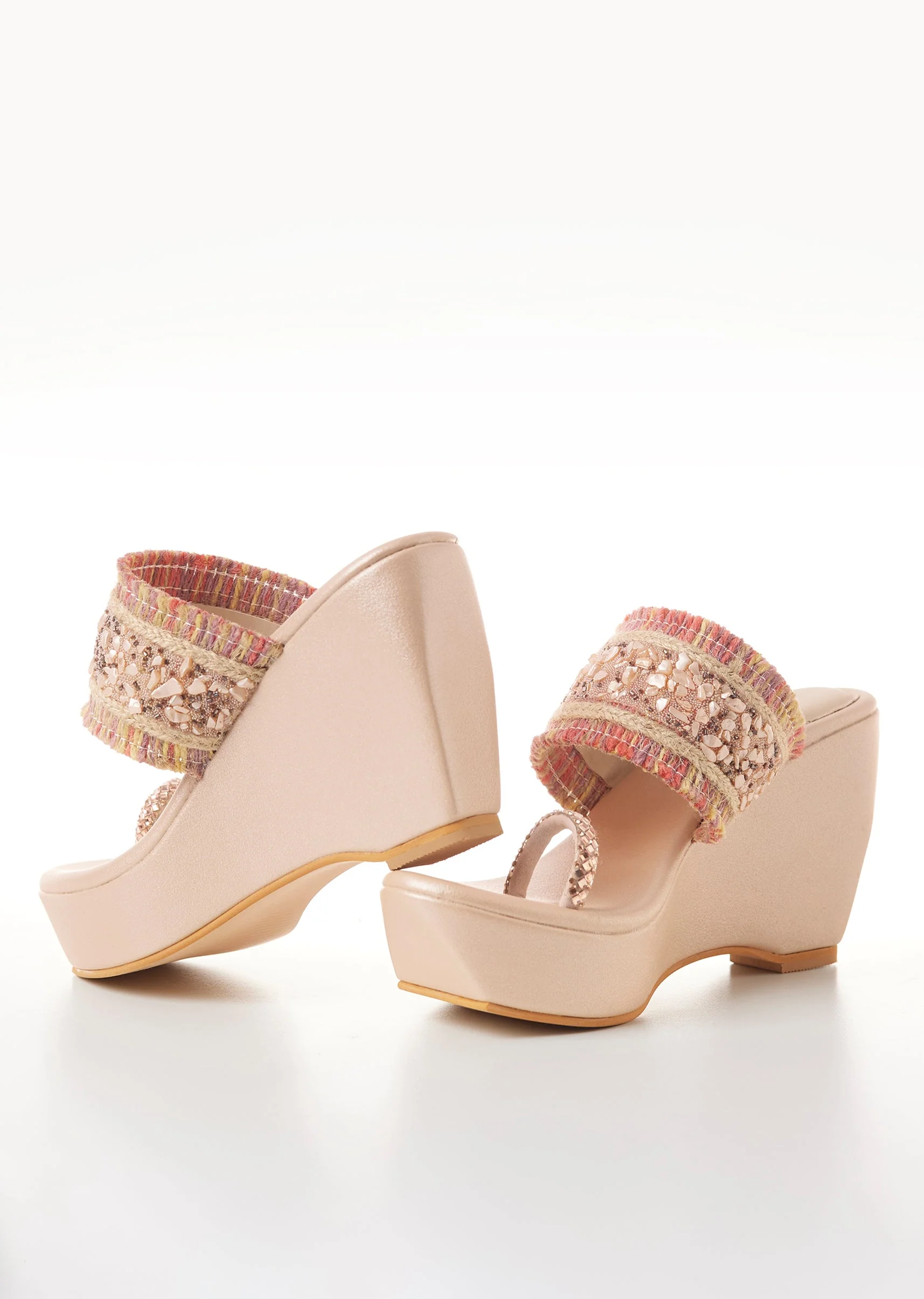 Beige Platform Toe Ring Wedges With Sequin Detailed Broad Strap - Image 3