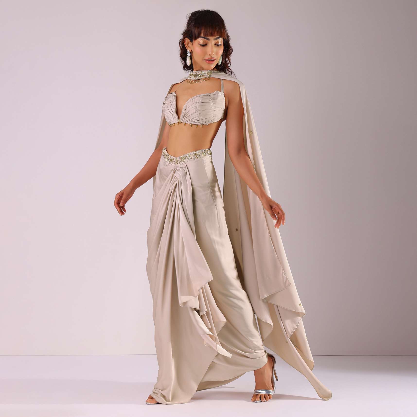 Beige Pleated Skirt And Top With Embroidered Choker Dupatta - Image 2