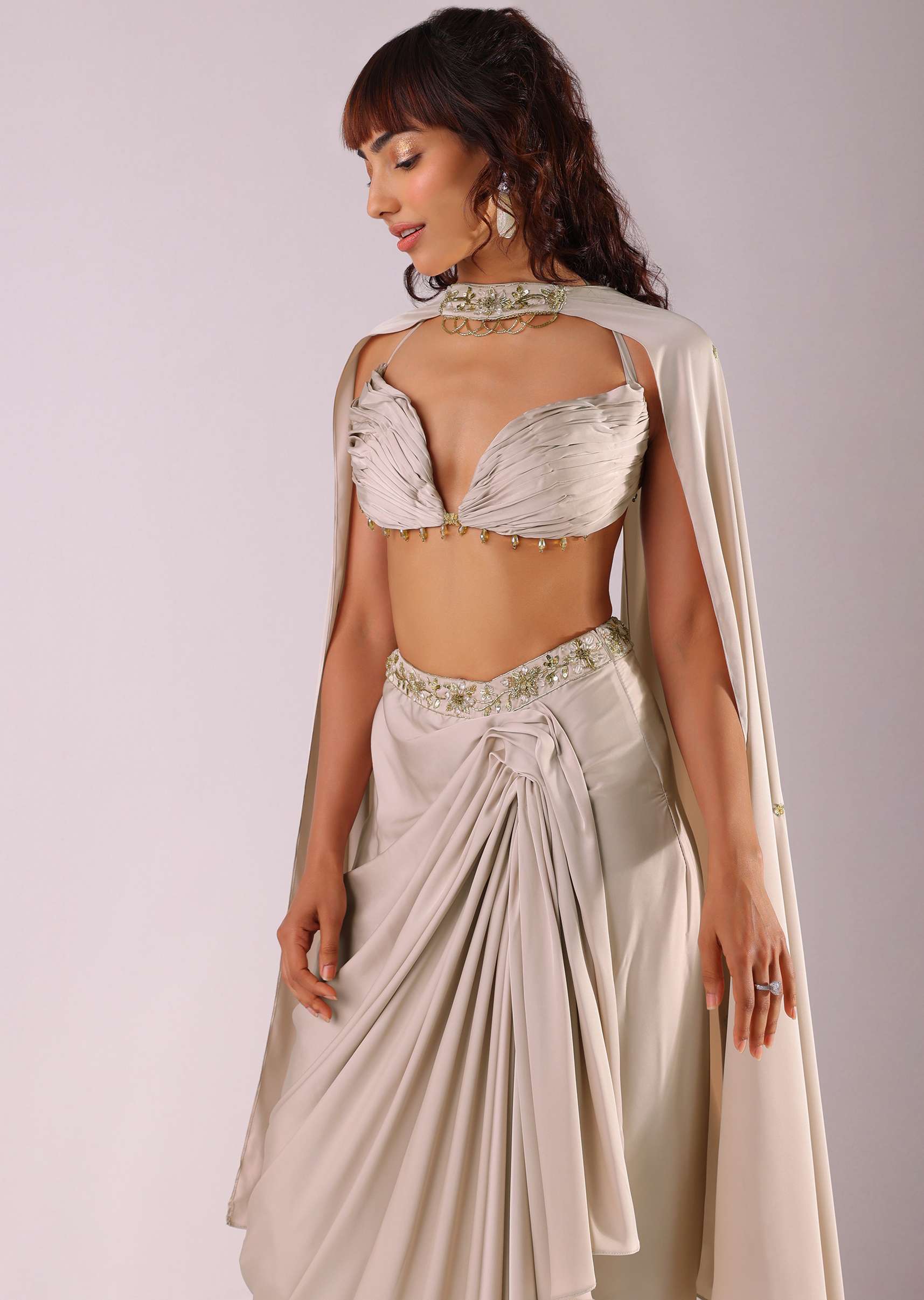 Beige Pleated Skirt And Top With Embroidered Choker Dupatta - Image 3