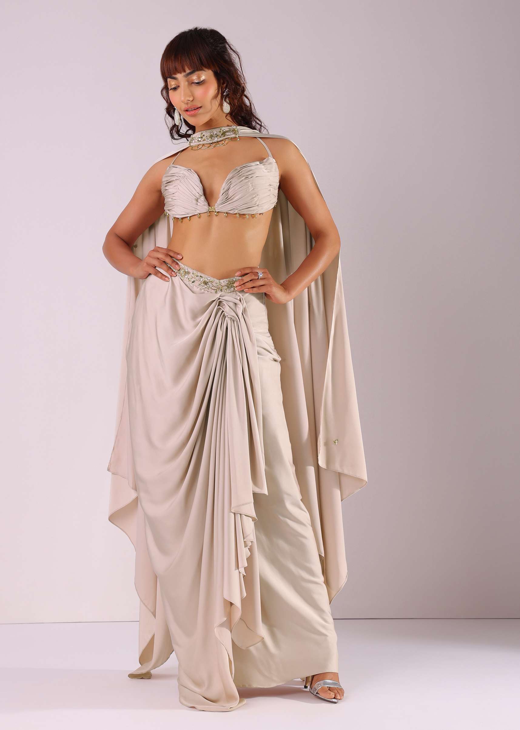 Beige Pleated Skirt And Top With Embroidered Choker Dupatta - Image 4