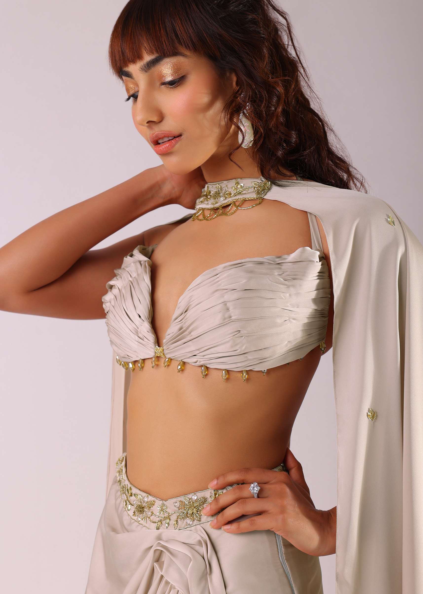 Beige Pleated Skirt And Top With Embroidered Choker Dupatta - Image 5