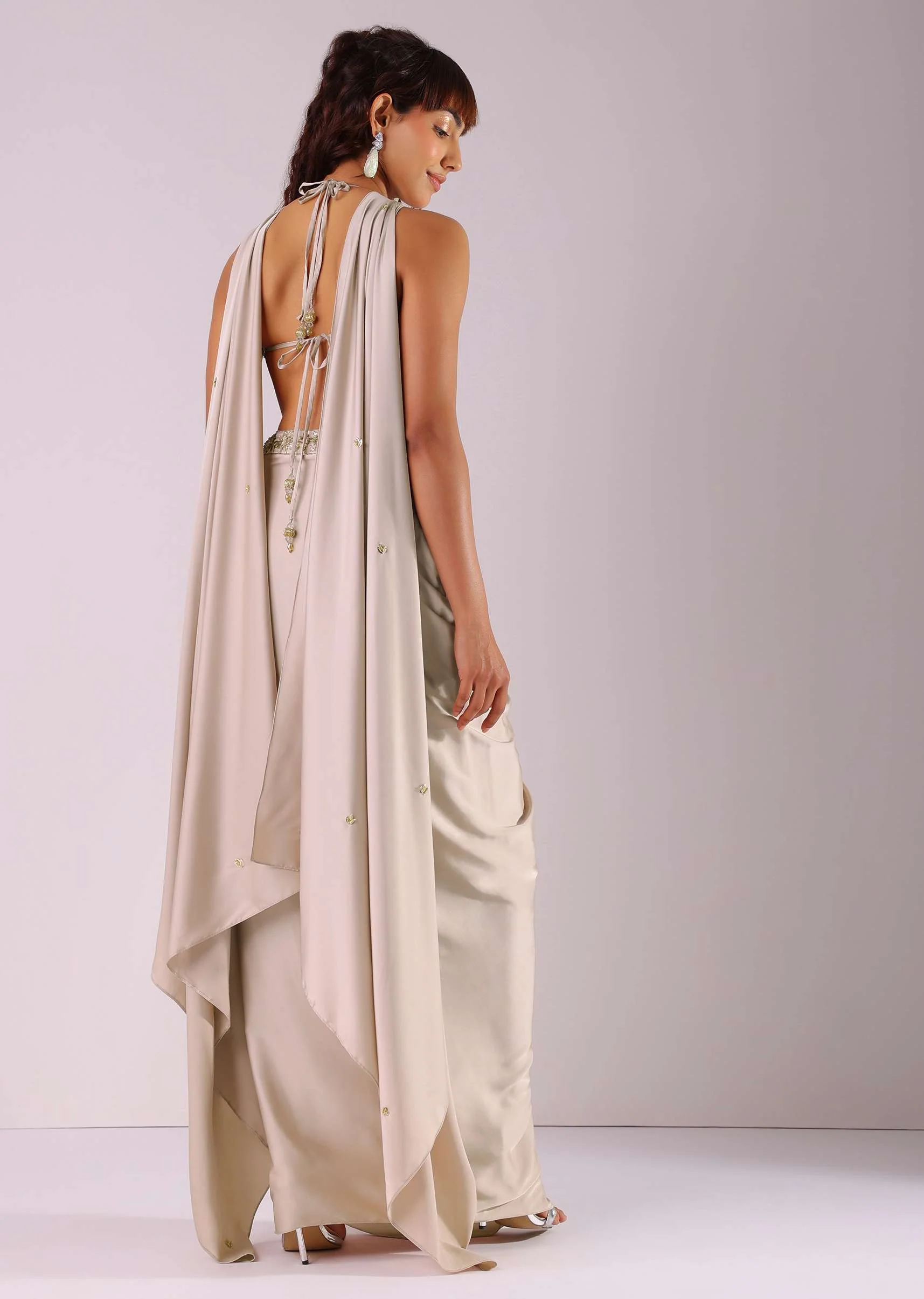 Beige Pleated Skirt And Top With Embroidered Choker Dupatta - Image 6