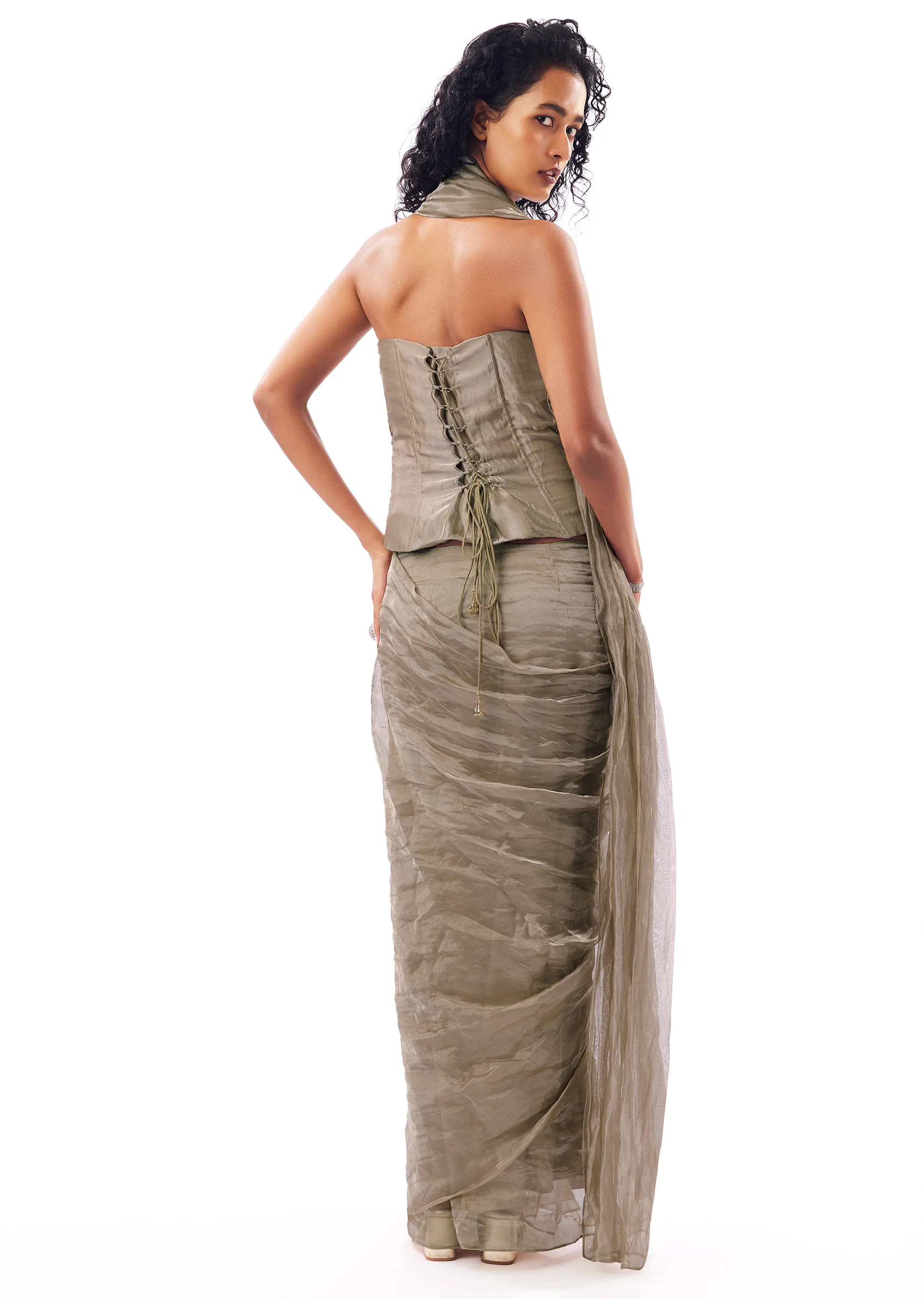 Beige Pre Draped Saree With Zardosi Corset Blouse - Image 5