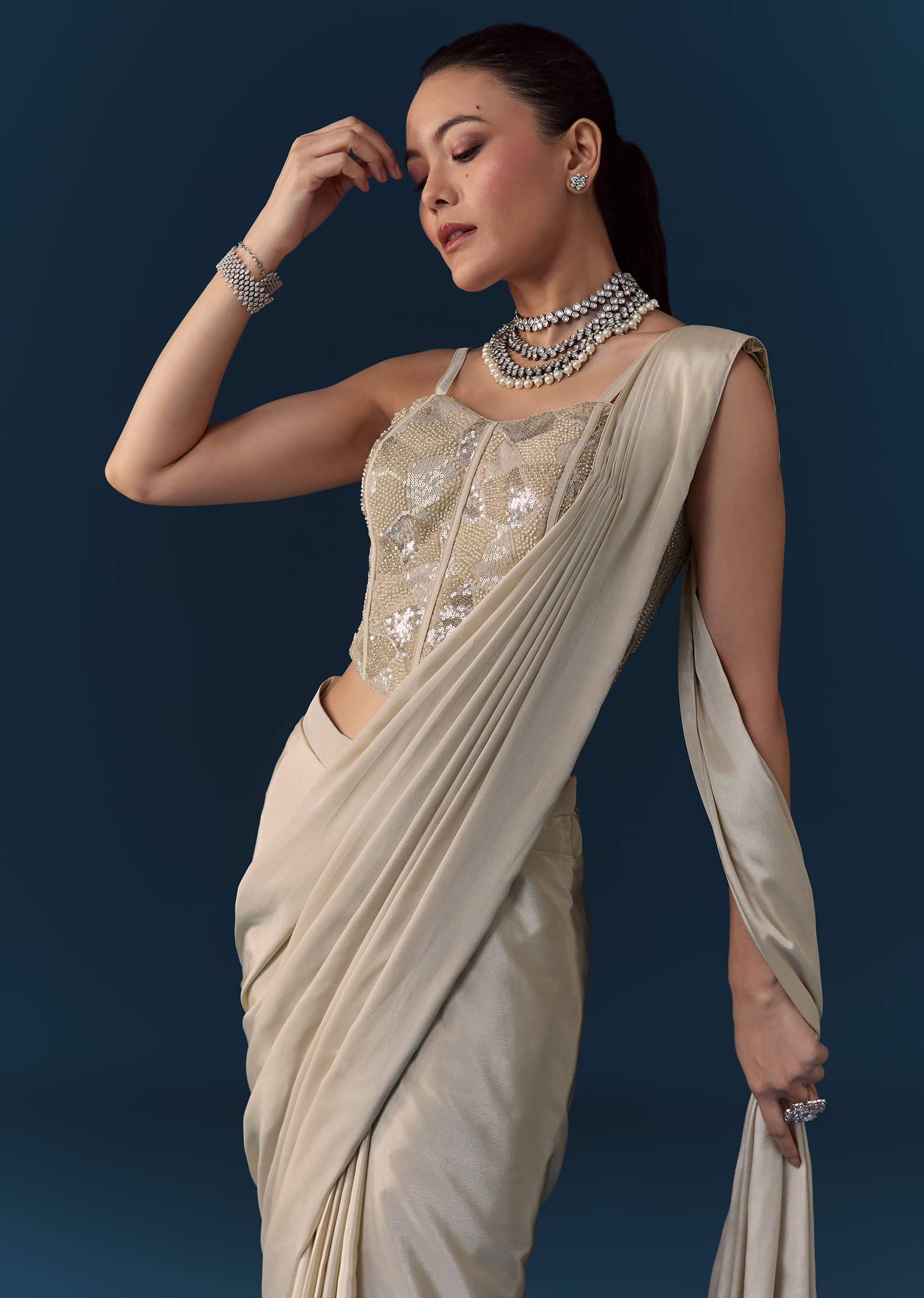 Beige Pre Pleated Saree with Sequin Corset Blouse - Image 4