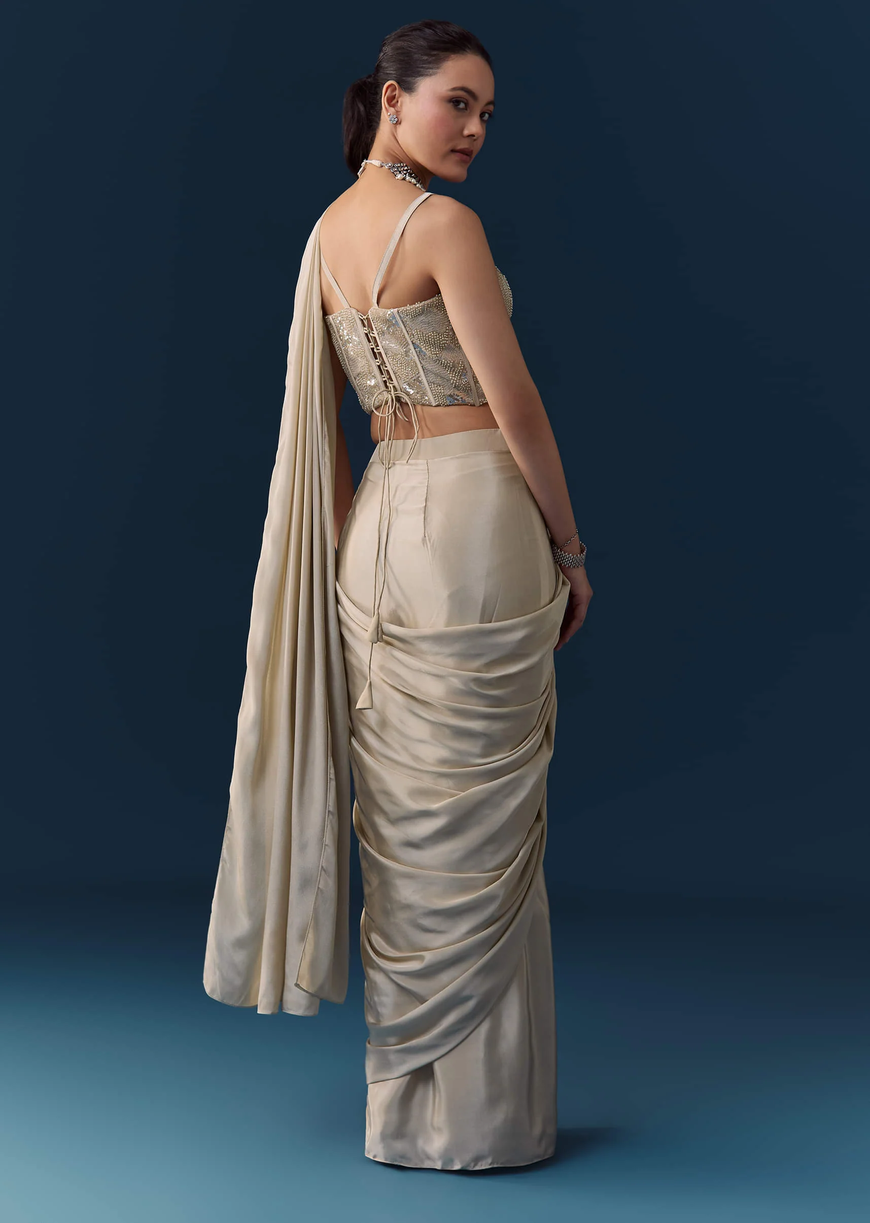 Beige Pre Pleated Saree with Sequin Corset Blouse - Image 5