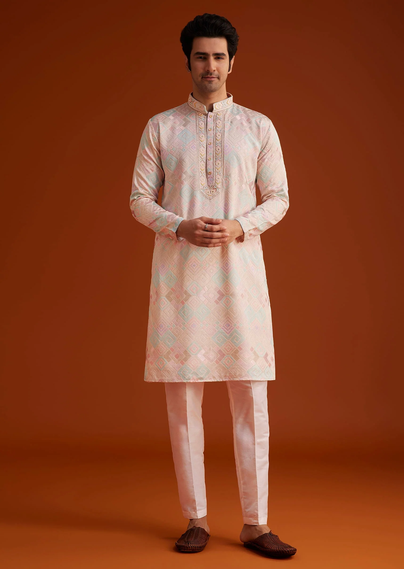 Beige Printed Silk Kurta Set Hand Embellishments - Image 3
