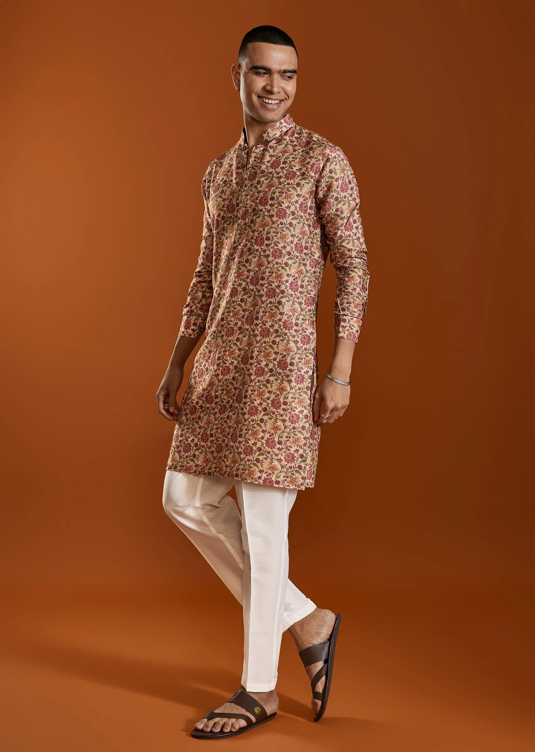 Beige Printed Viscose Kurta