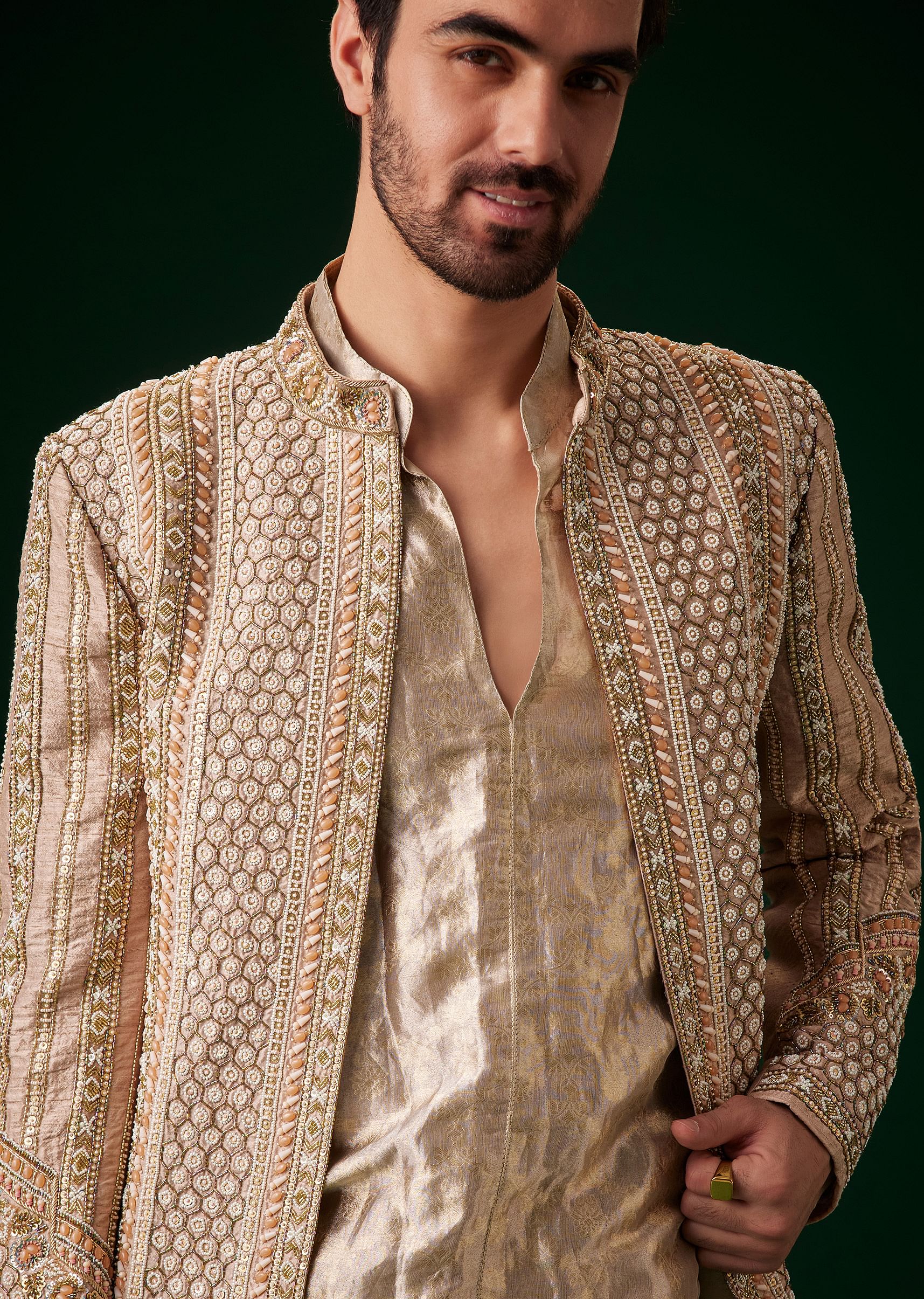 Beige Raw Silk Indowestern Sherwani Set - Image 2