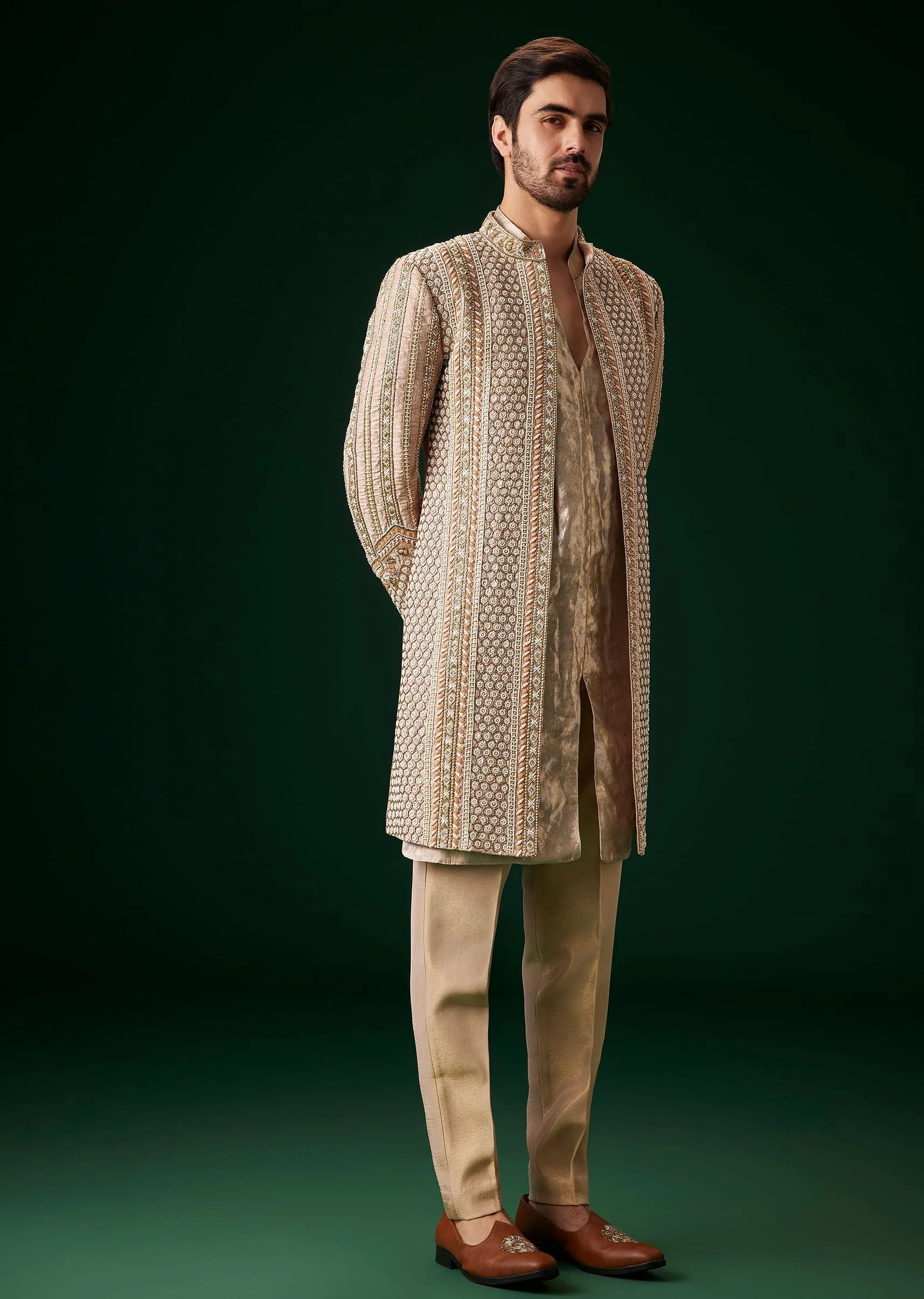 Beige Raw Silk Indowestern Sherwani Set - Image 5