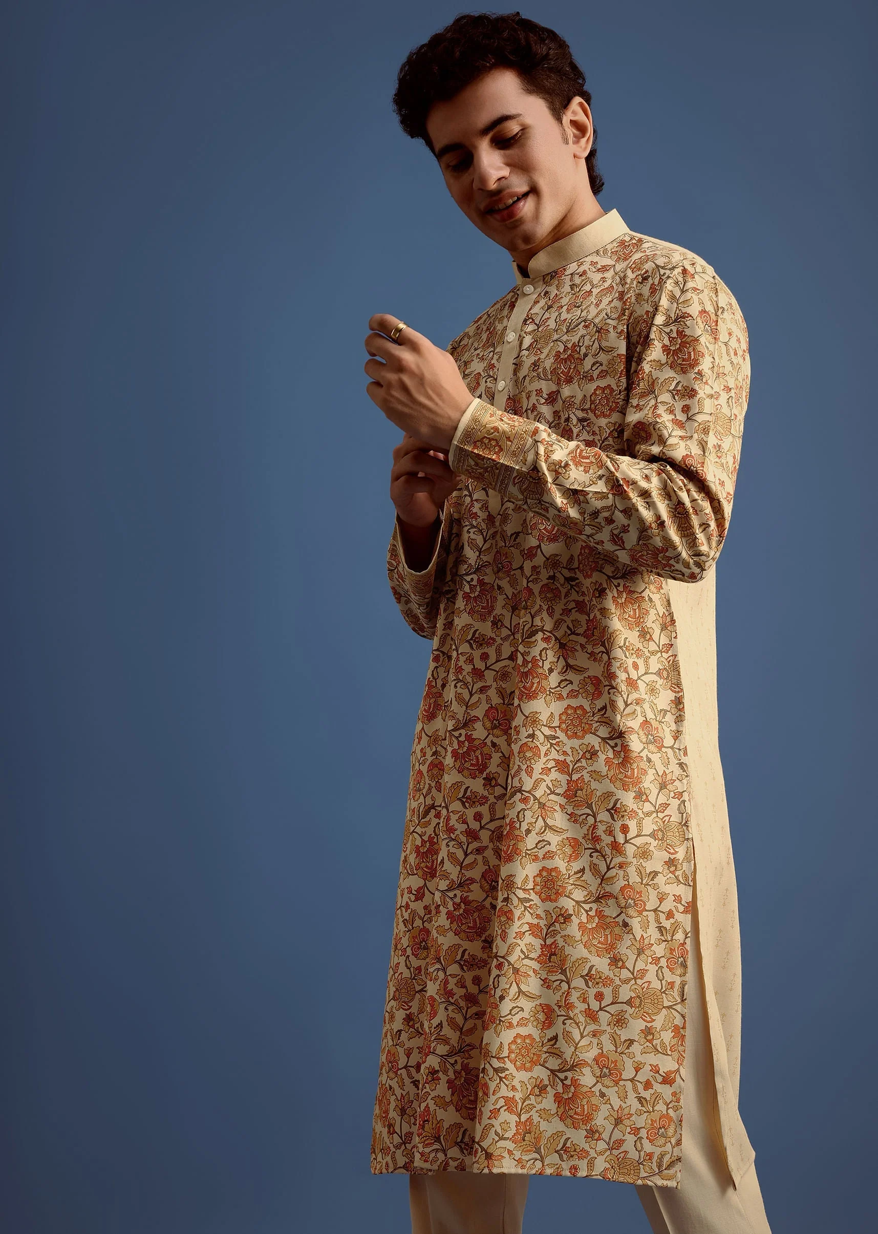 Beige Rayon Floral Block Printed Kurta Set - Image 3