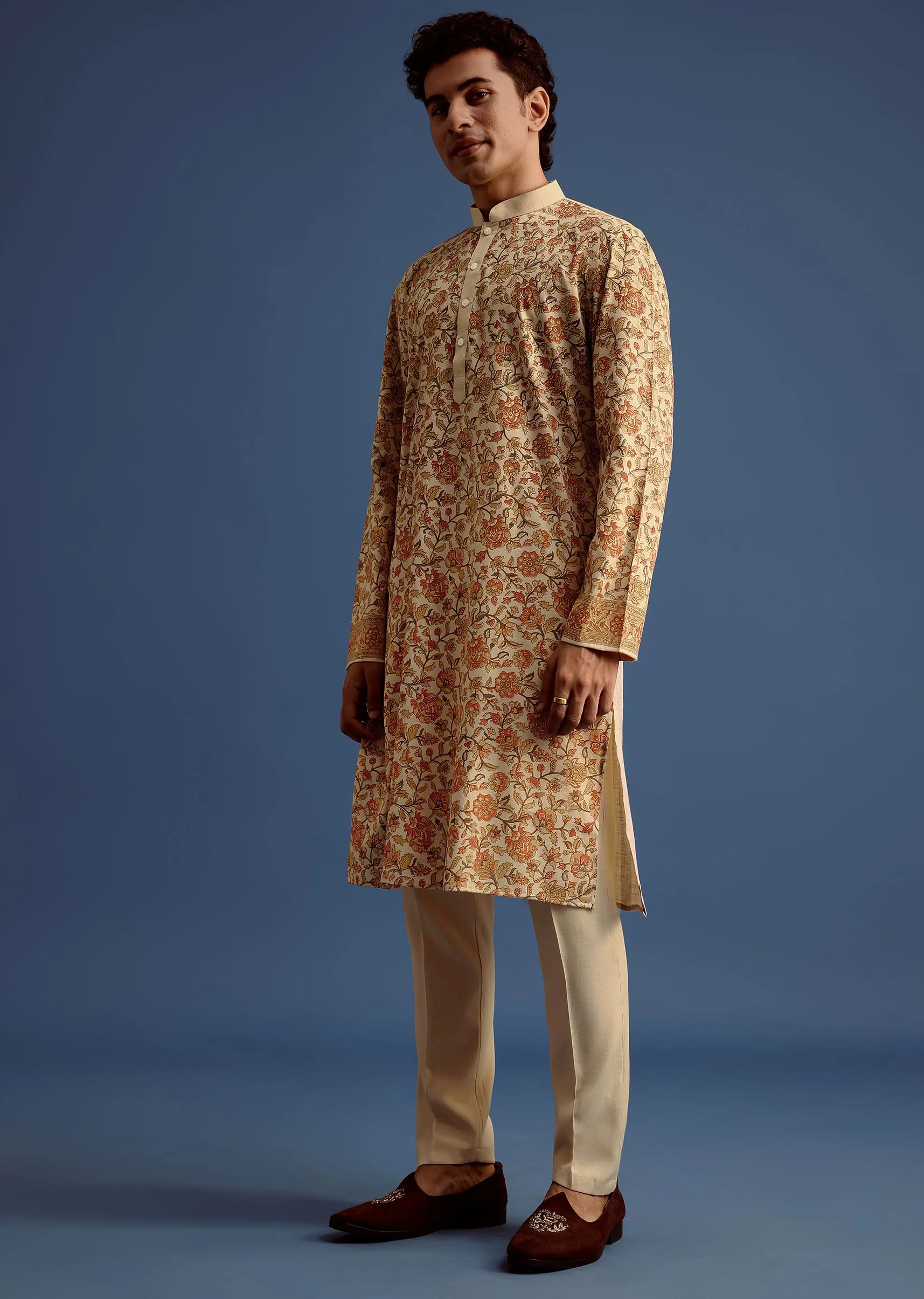 Beige Rayon Floral Block Printed Kurta Set - Image 4