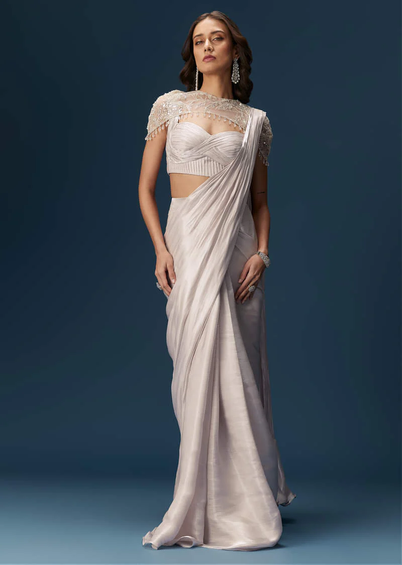 Beige Ready Pleated Saree With Cape And Blouse - Image 4