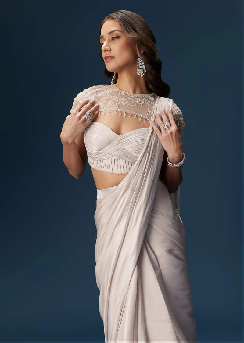 Beige Ready Pleated Saree With Cape And Blouse - Image 5