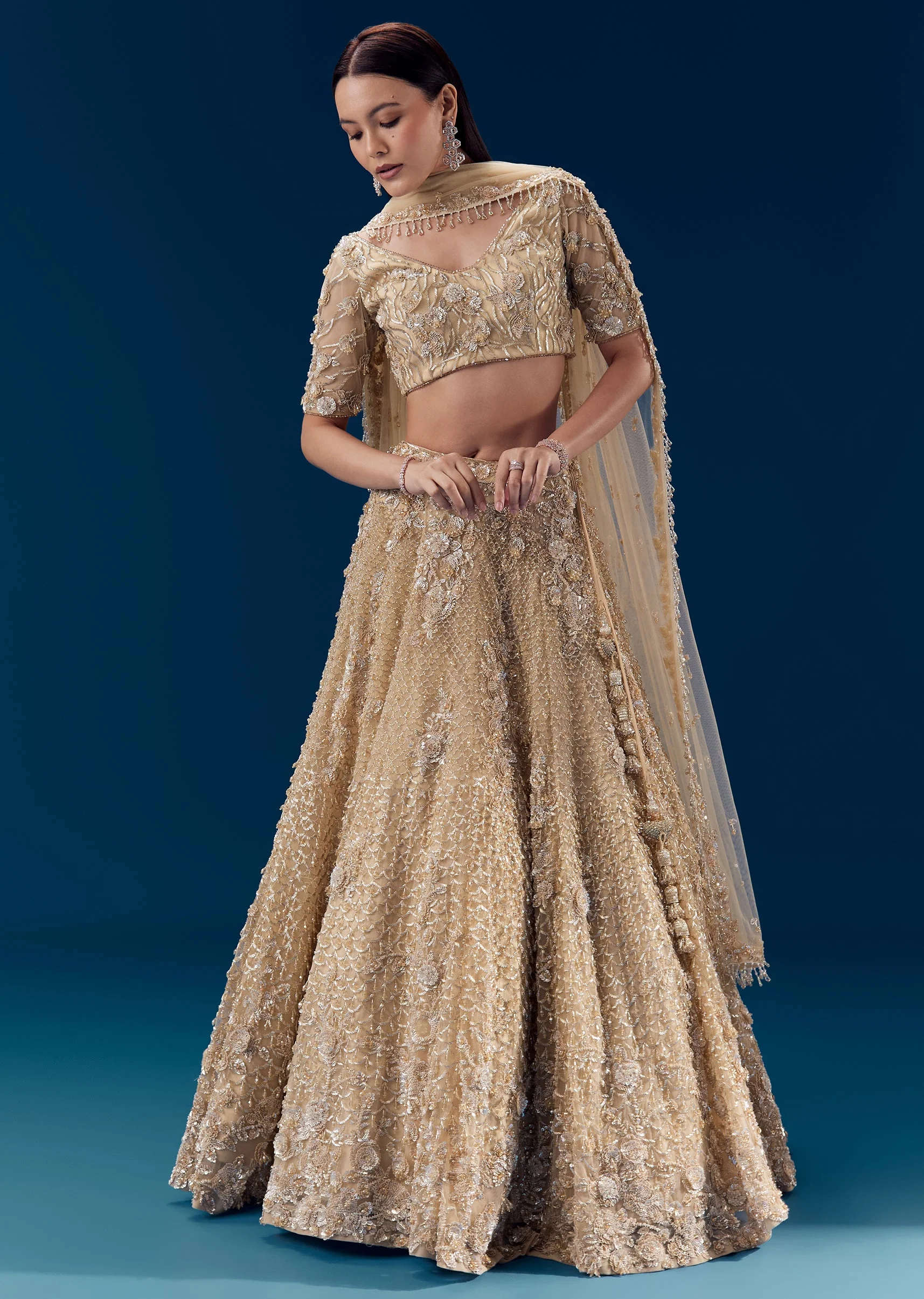 Beige Resham Embroidered Bridal Lehenga Set - Image 4