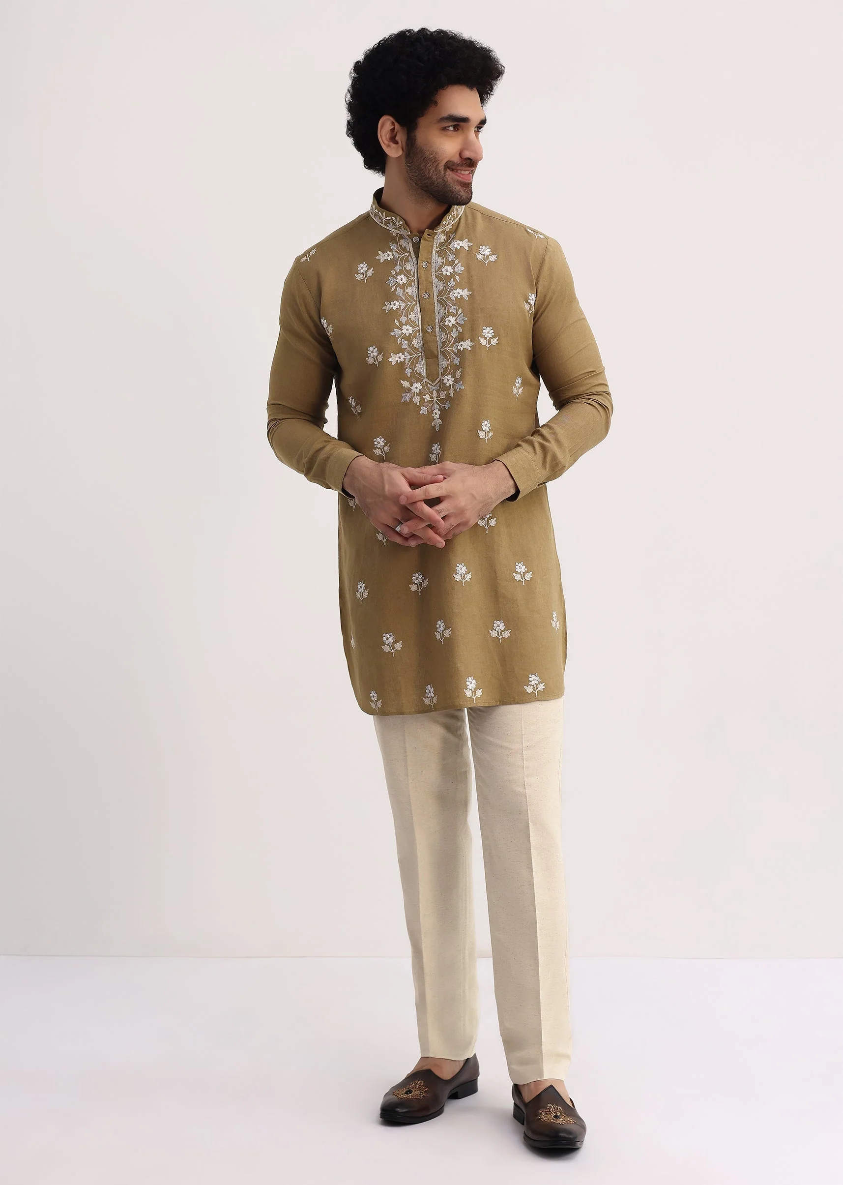 Beige Resham Work Kurta Set For Men - Image 2