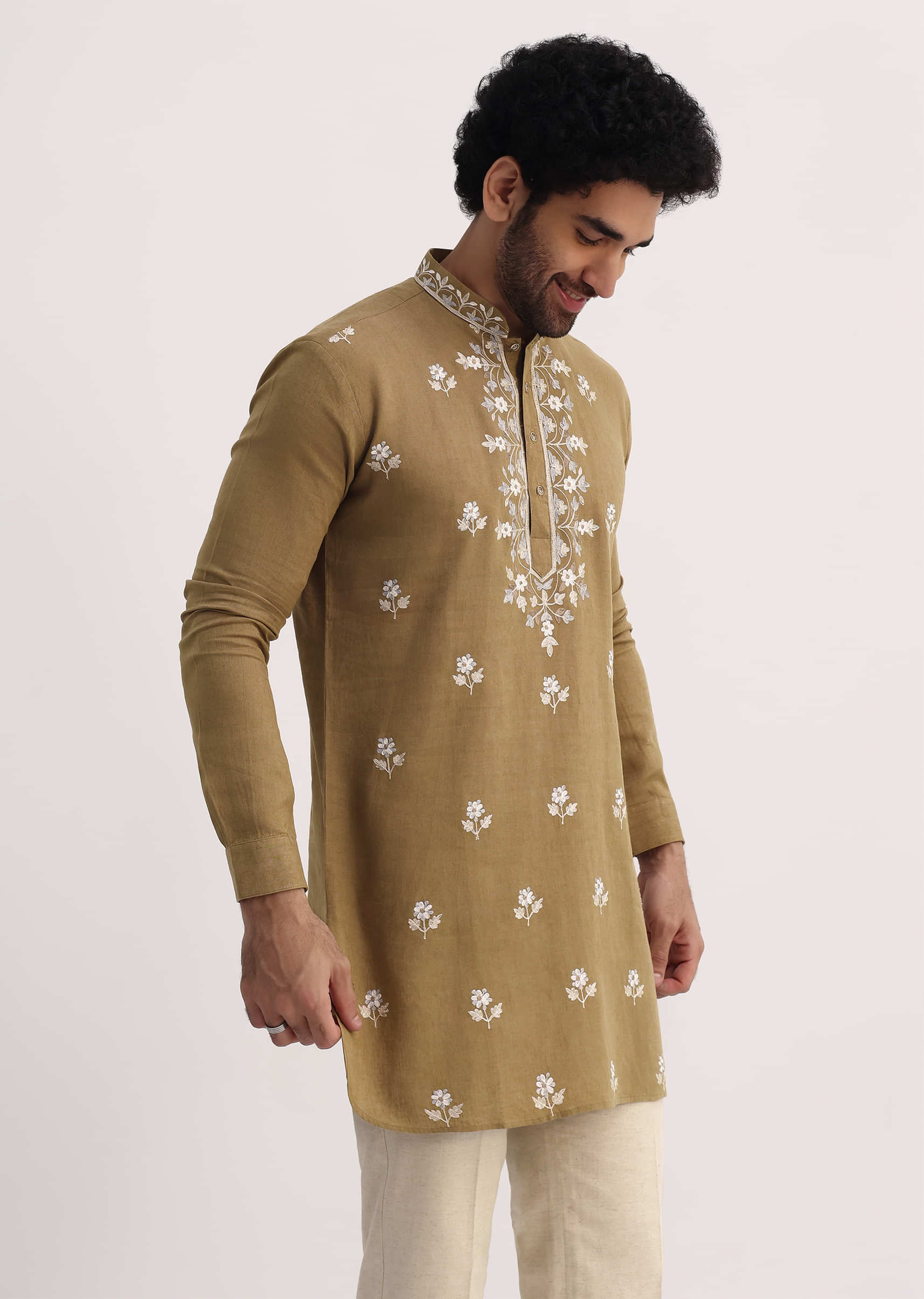 Beige Resham Work Kurta Set For Men - Image 3