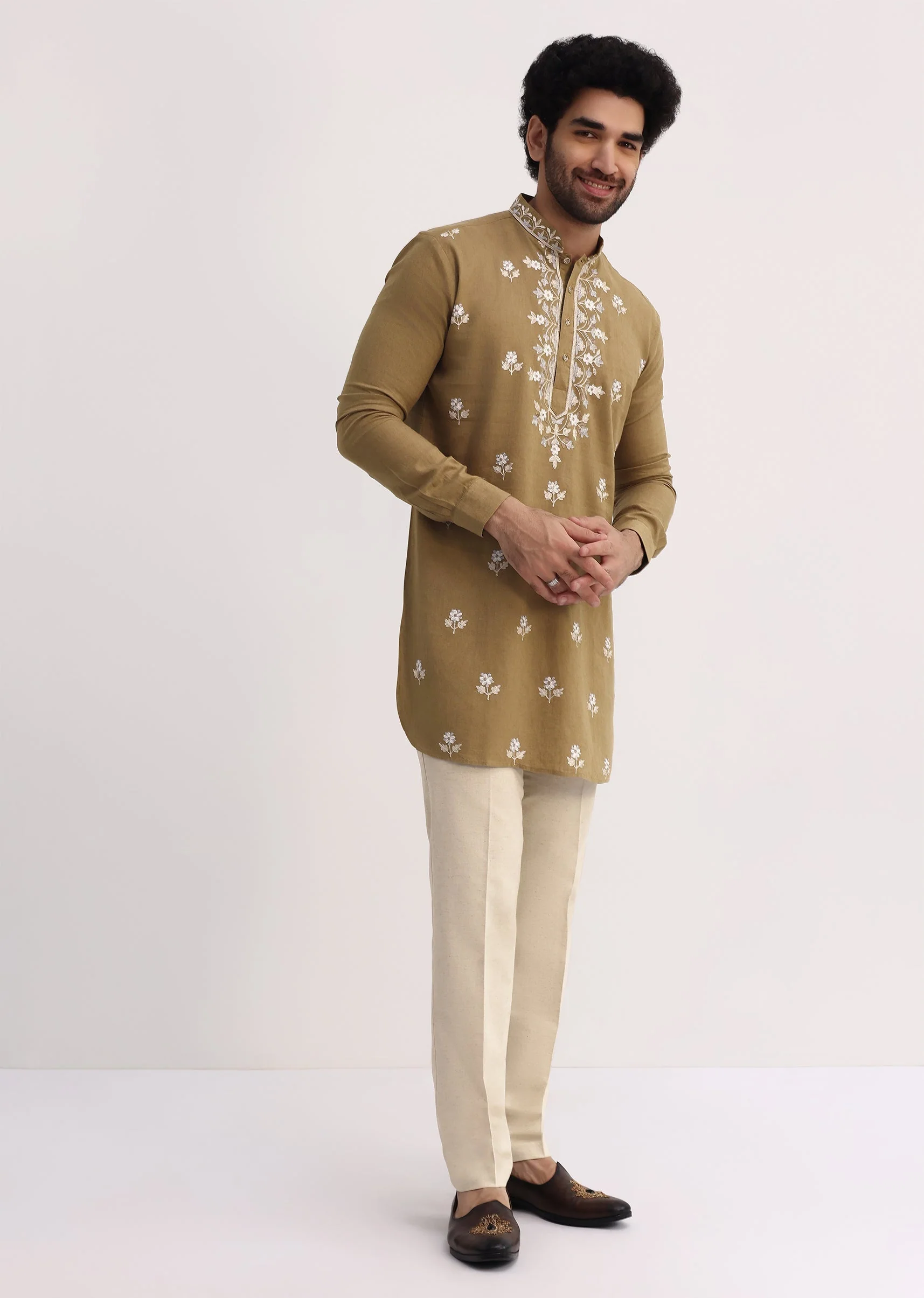 Beige Resham Work Kurta Set For Men - Image 4