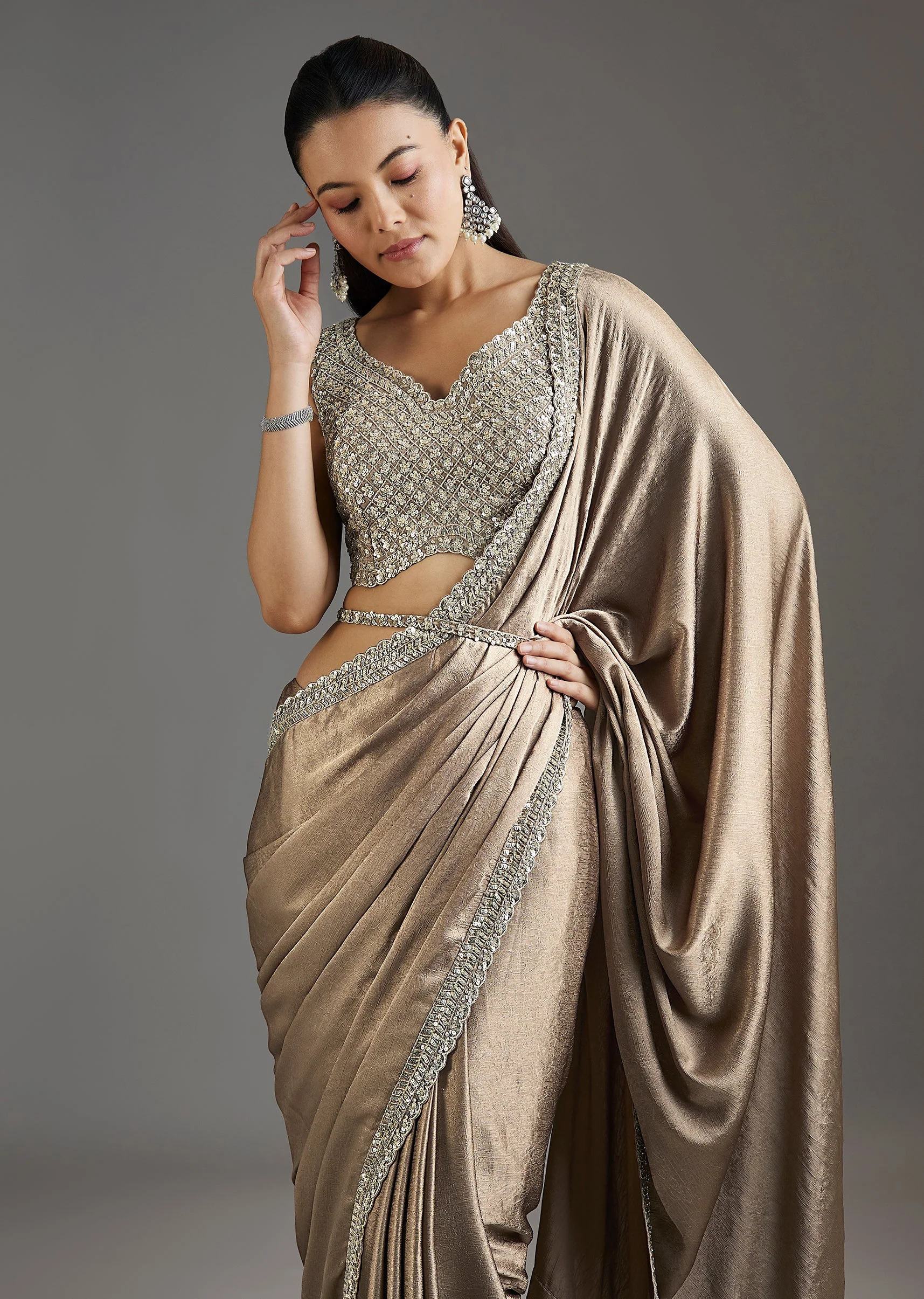 Beige Rose Gold Chiffon Saree With Embellished Border - Image 5