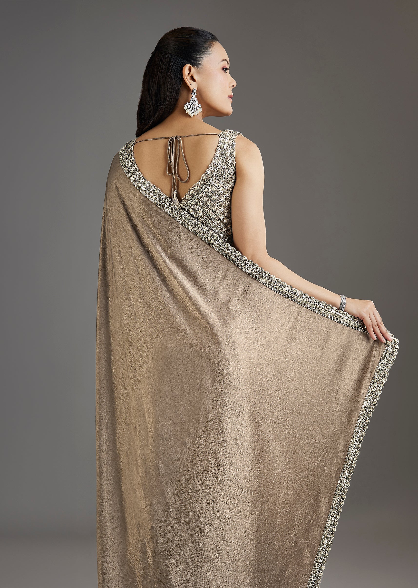 Beige Rose Gold Chiffon Saree With Embellished Border - Image 6