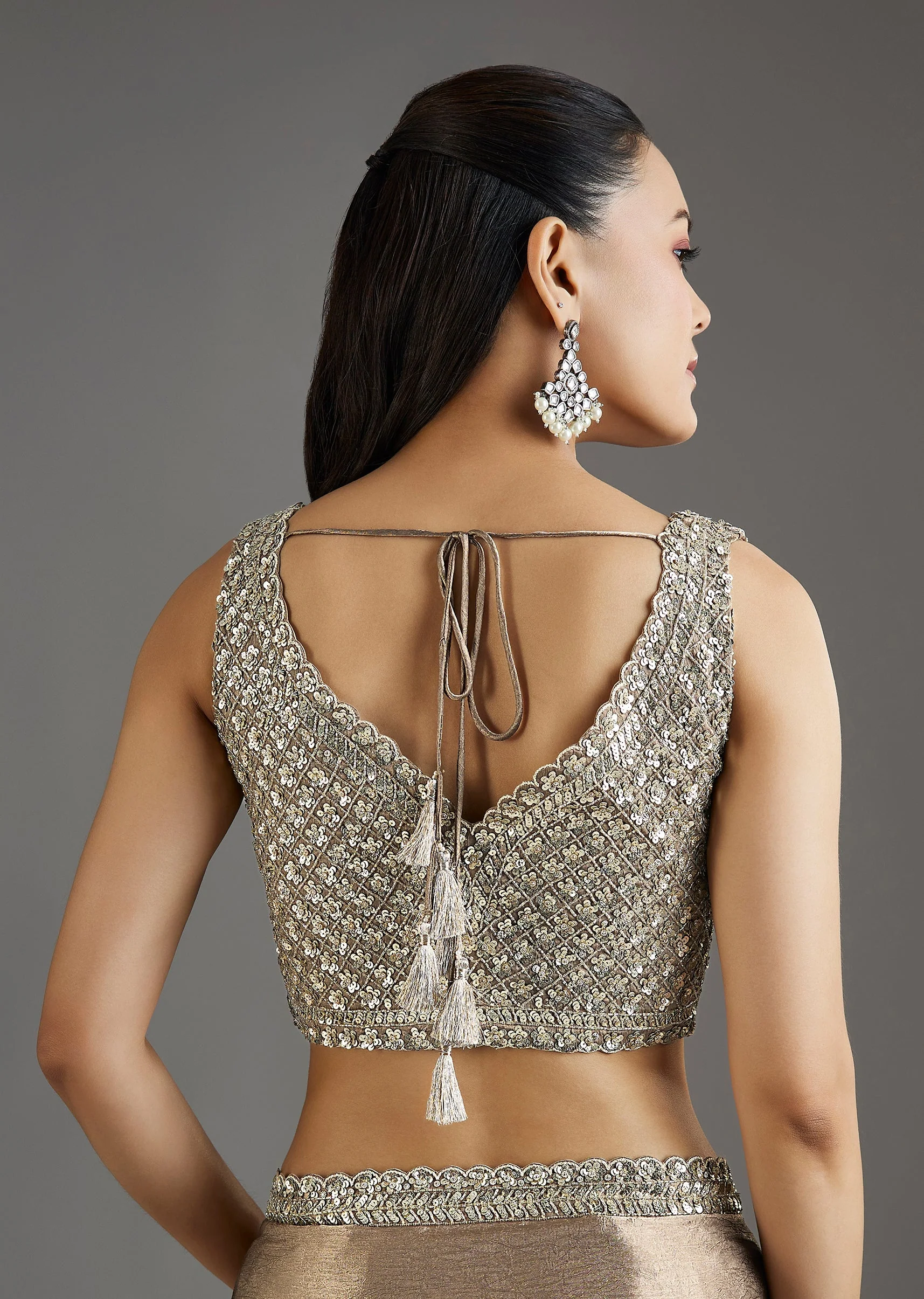 Beige Rose Gold Chiffon Saree With Embellished Border - Image 8