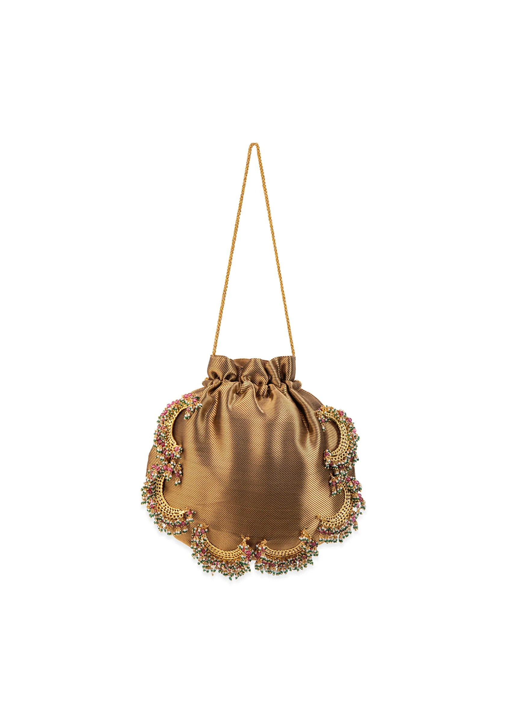Beige Satin Potli Bag with Crescent Motif - Image 2