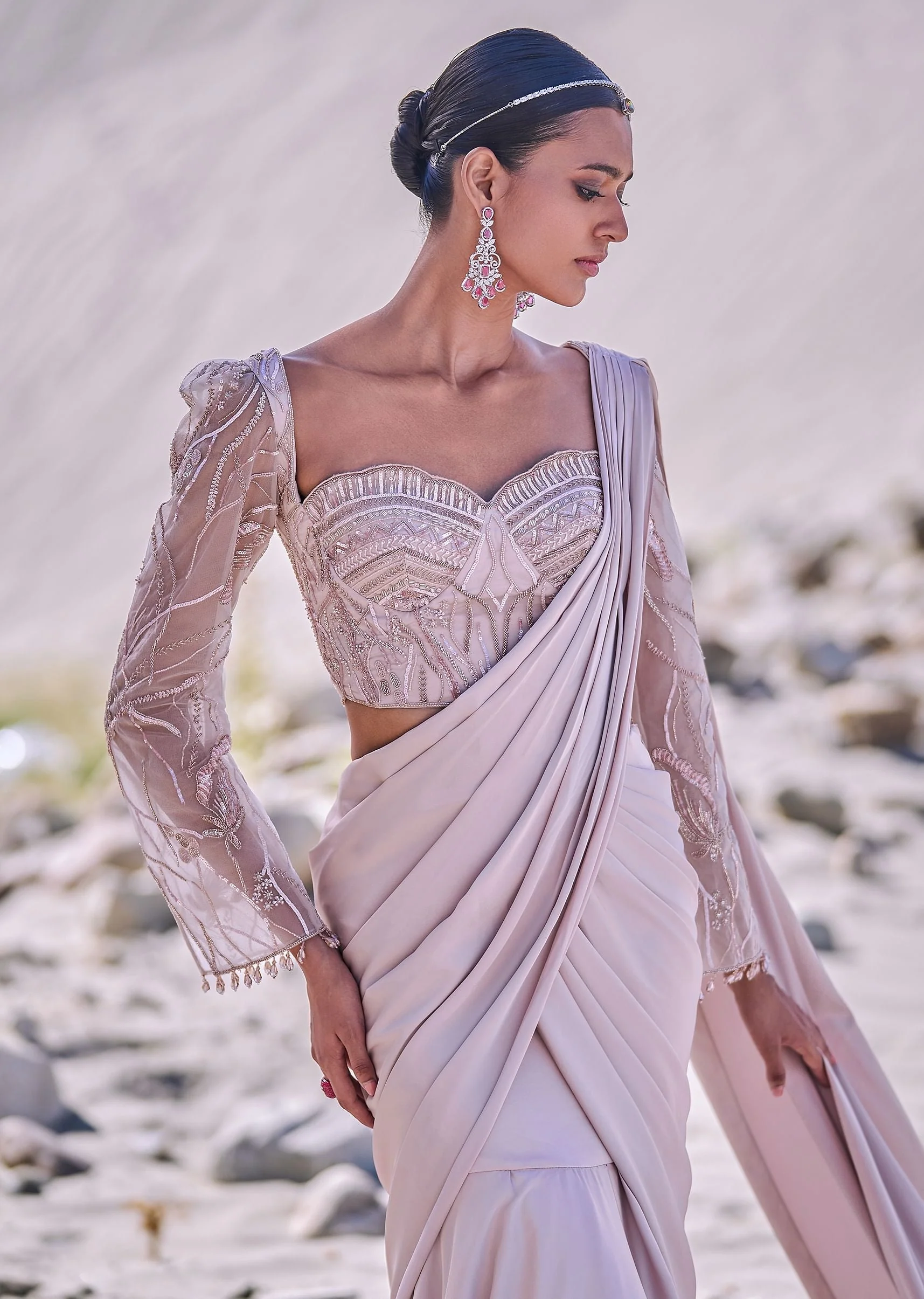 Beige Satin Pre Draped Saree With Embroidered Corset Blouse - Image 2