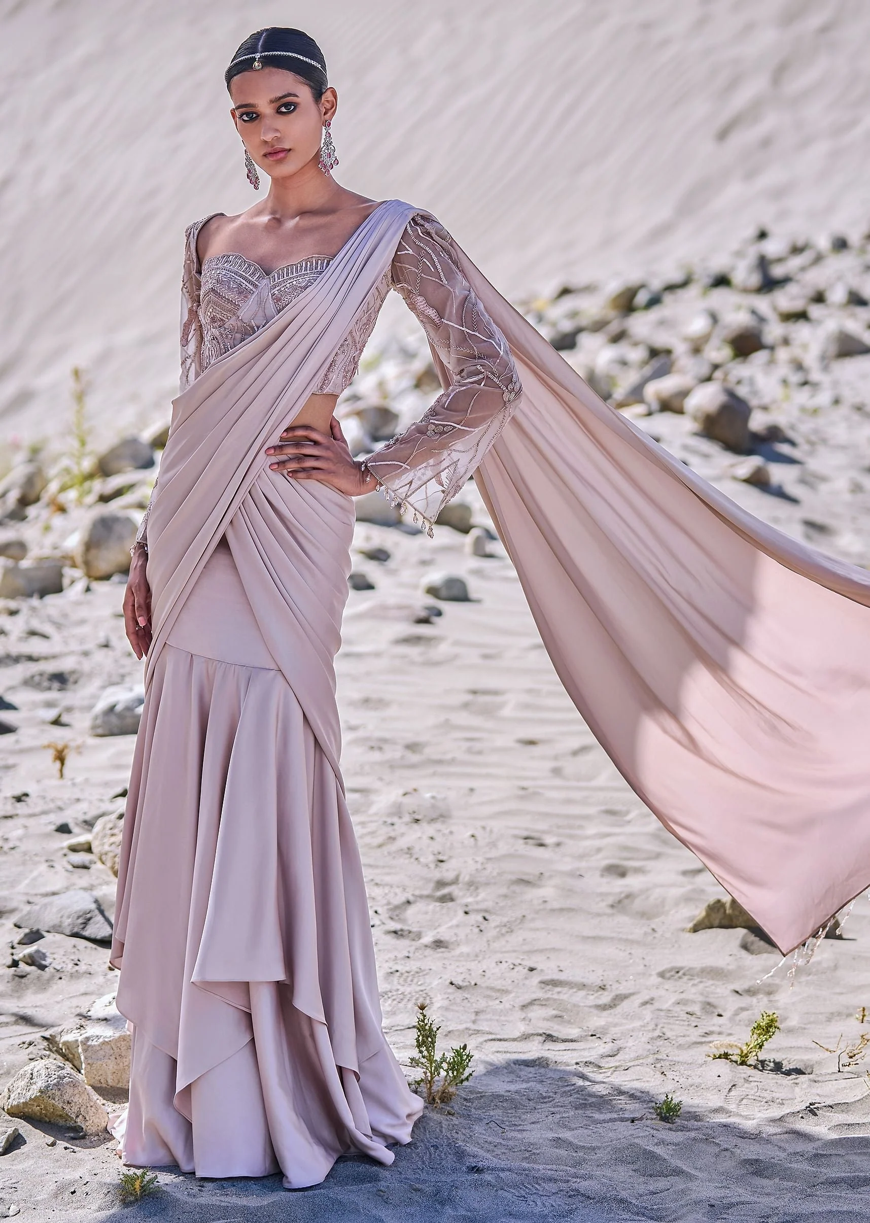 Beige Satin Pre Draped Saree With Embroidered Corset Blouse - Image 3