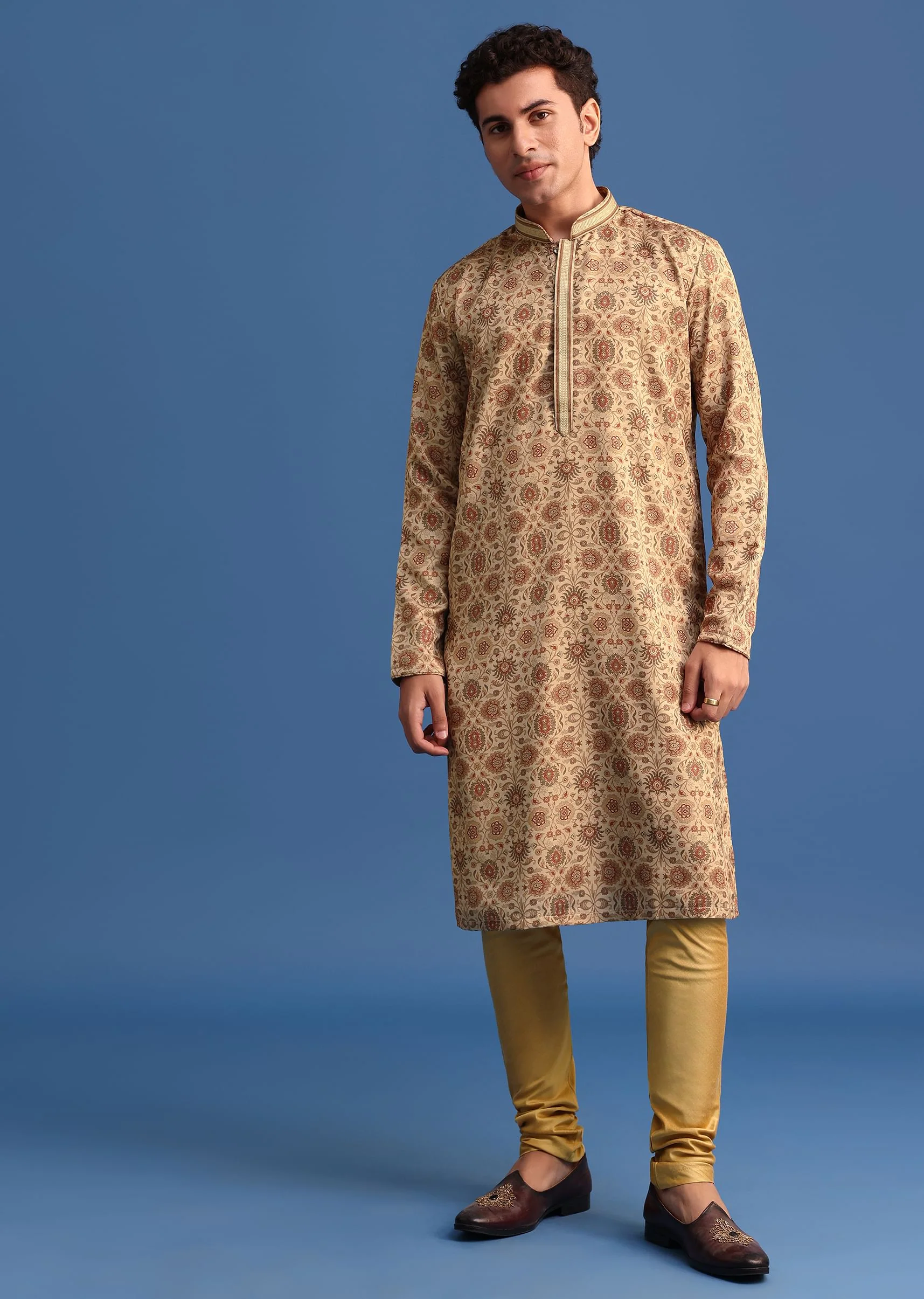 Beige Satin Printed Kurta Set For Men - Image 2