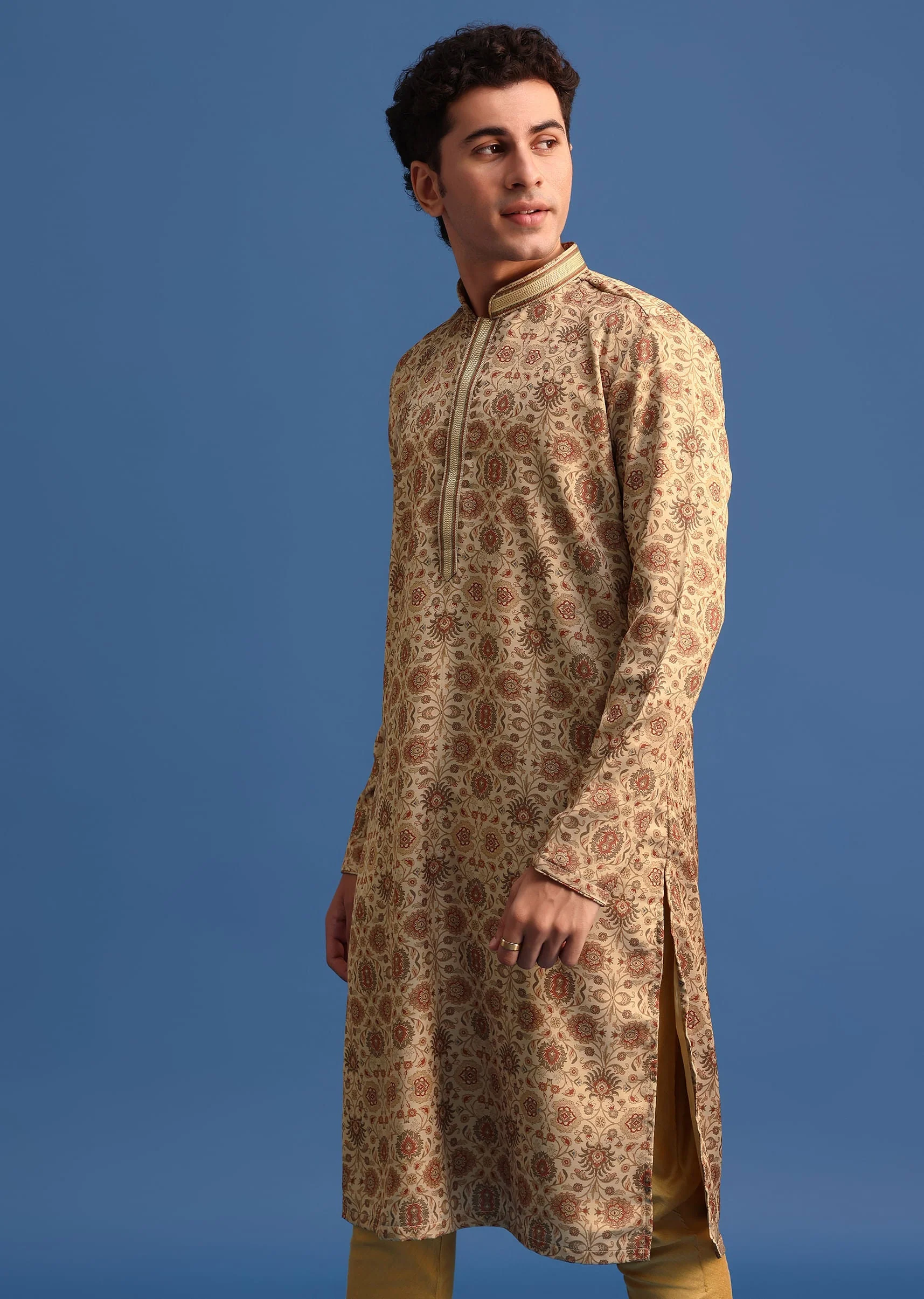 Beige Satin Printed Kurta Set For Men - Image 3