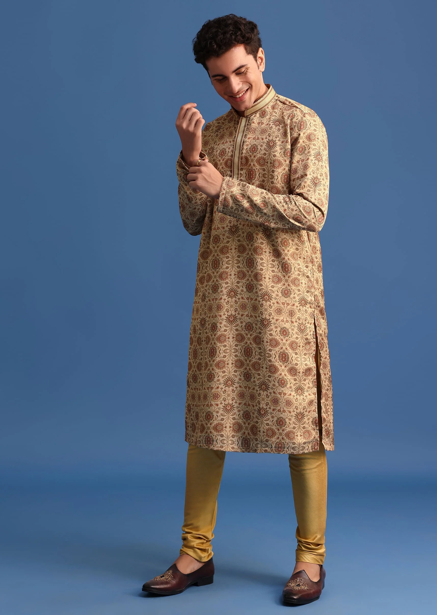 Beige Satin Printed Kurta Set For Men - Image 4