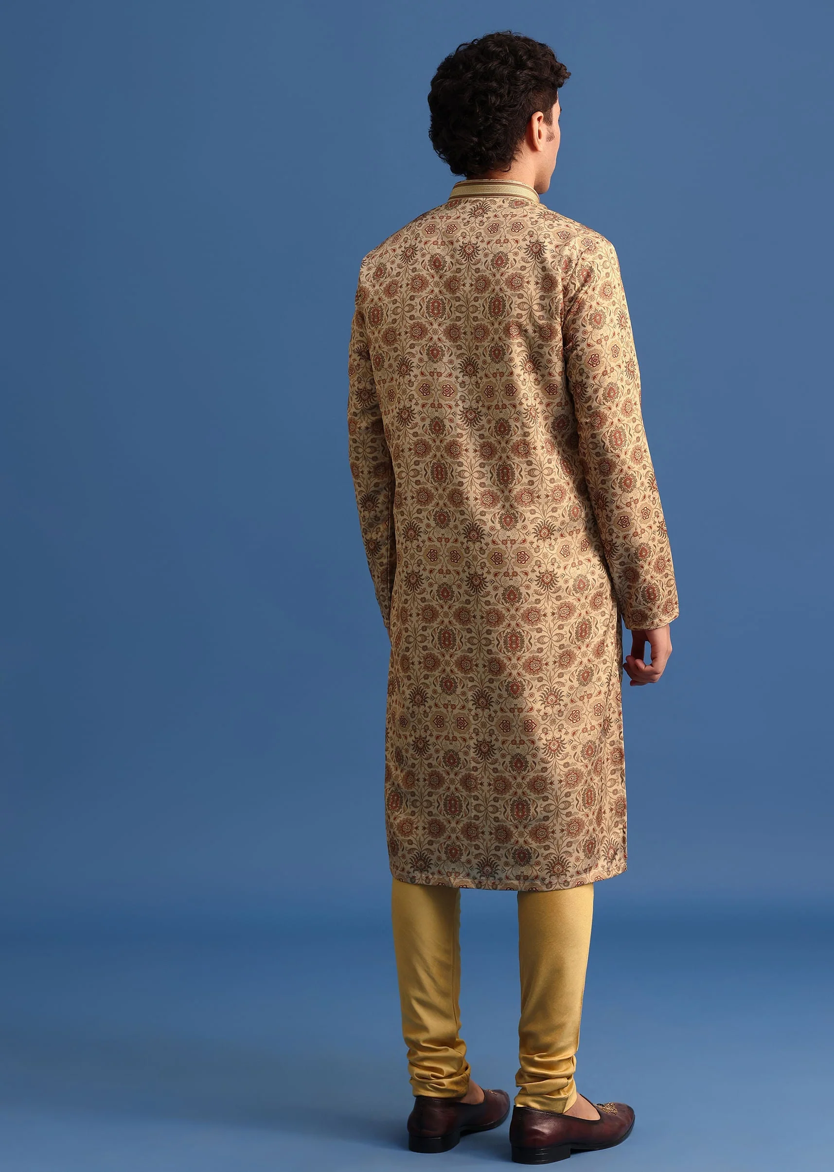 Beige Satin Printed Kurta Set For Men - Image 5