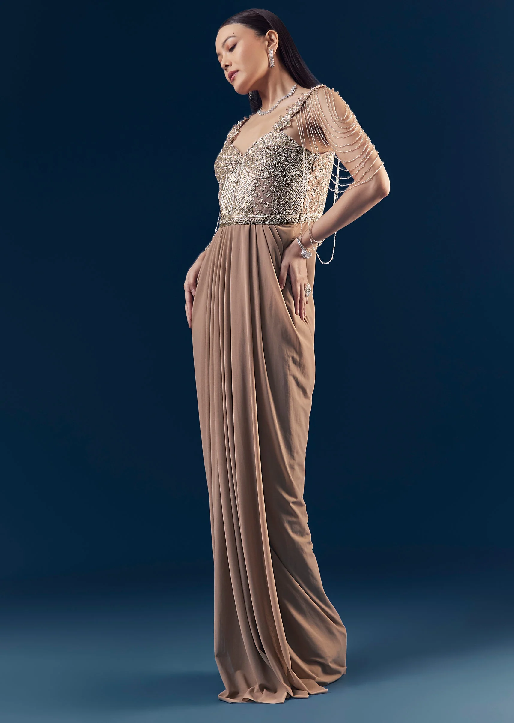 Beige Sequin Embellished Sheer Draped Gown - Image 4