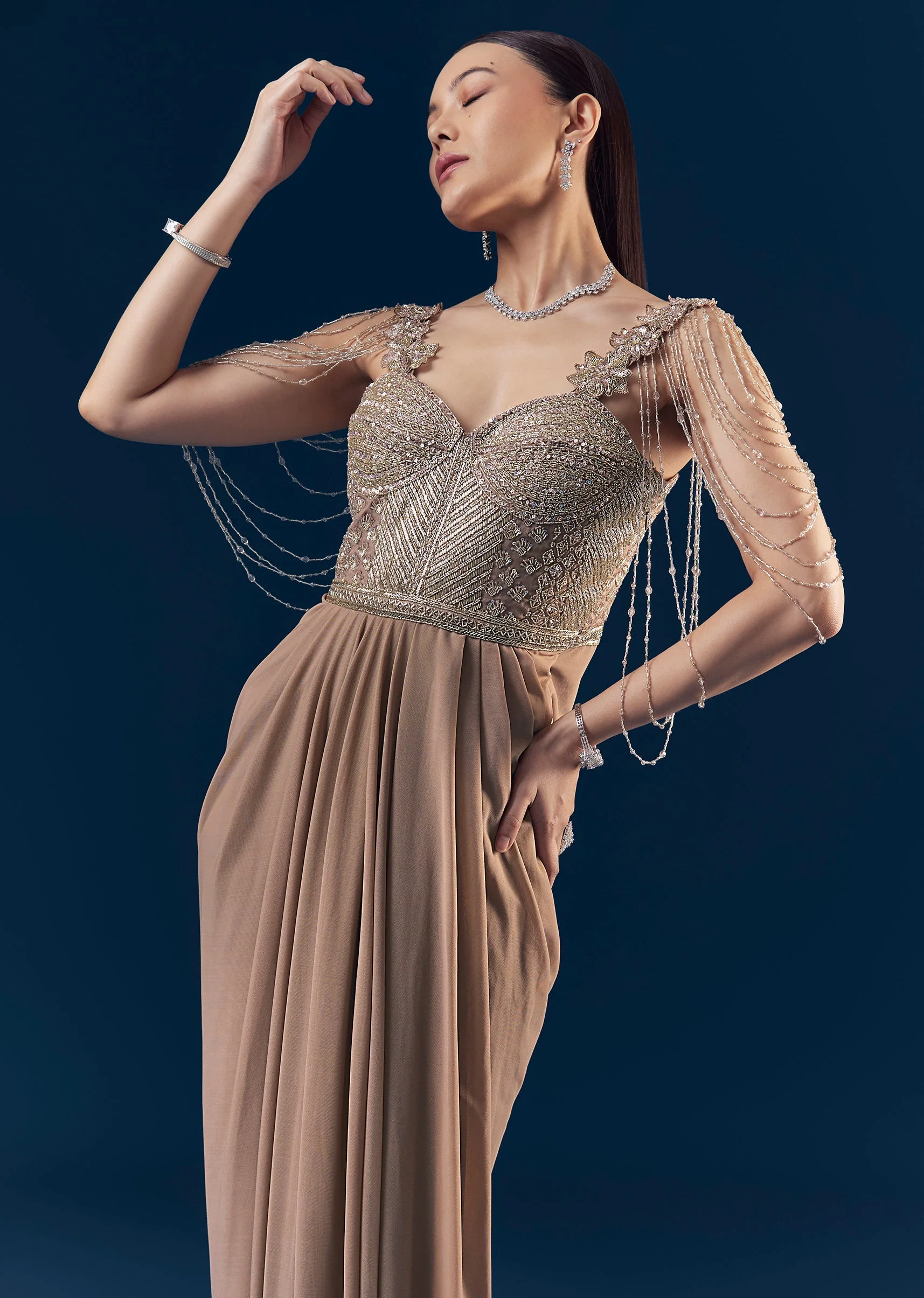 Beige Sequin Embellished Sheer Draped Gown - Image 5