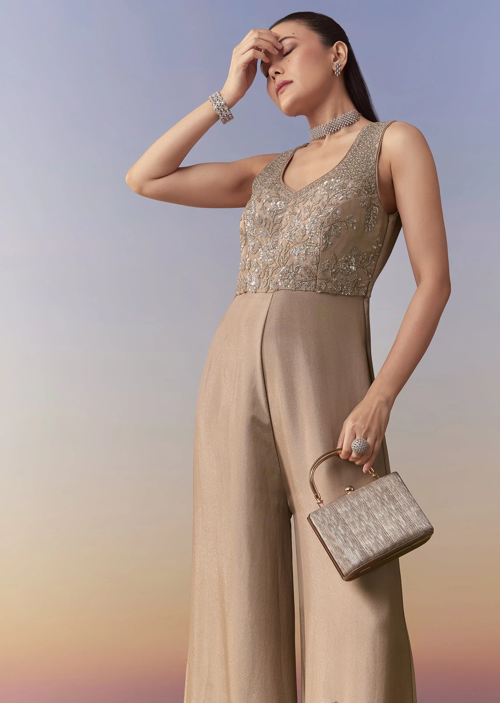 Beige Sequin Embroidered Jumpsuit - Image 4