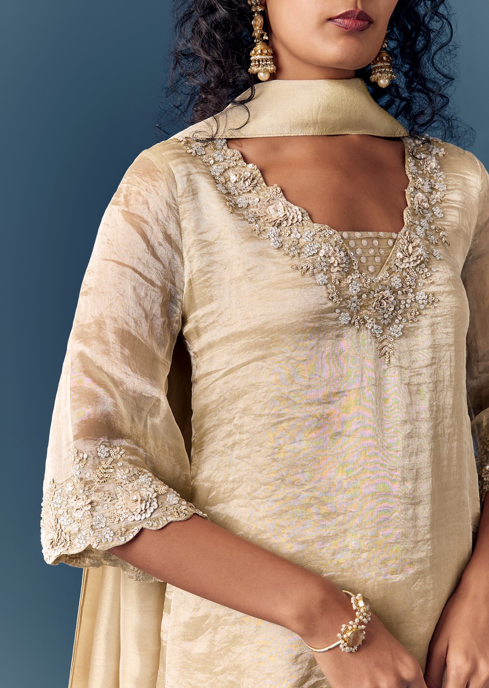 Beige Sequinned Tissue Kurta Palazzo Set With Dupatta - Image 2
