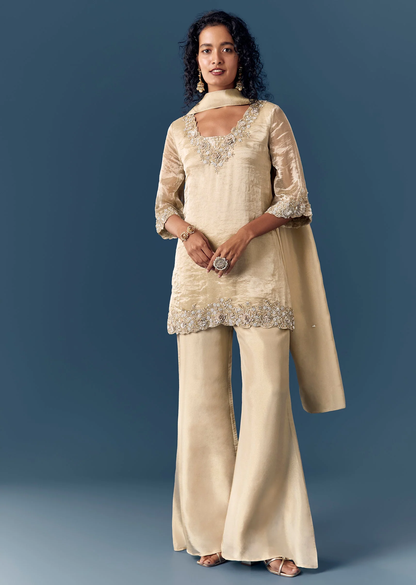 Beige Sequinned Tissue Kurta Palazzo Set With Dupatta - Image 3