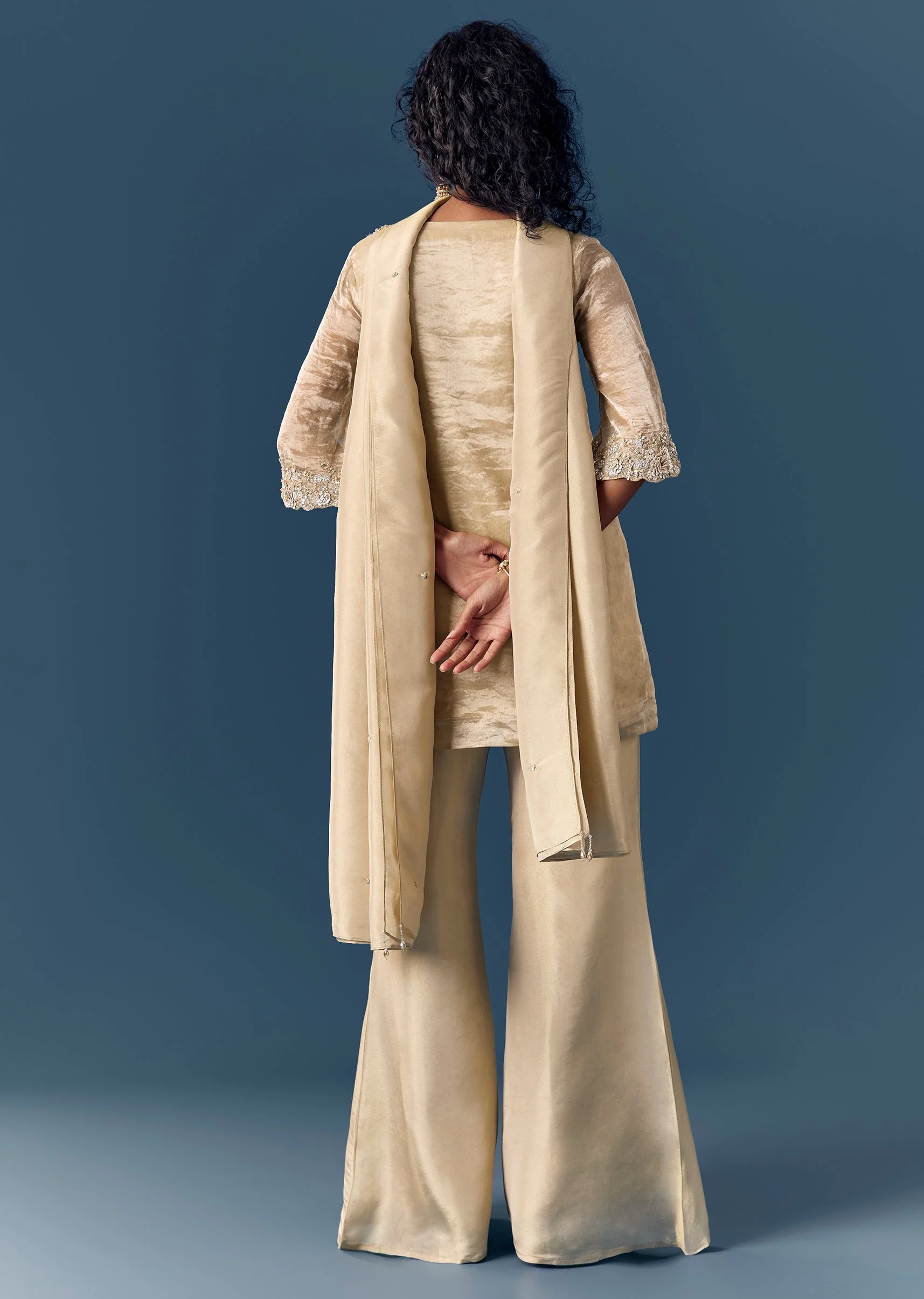 Beige Sequinned Tissue Kurta Palazzo Set With Dupatta - Image 5