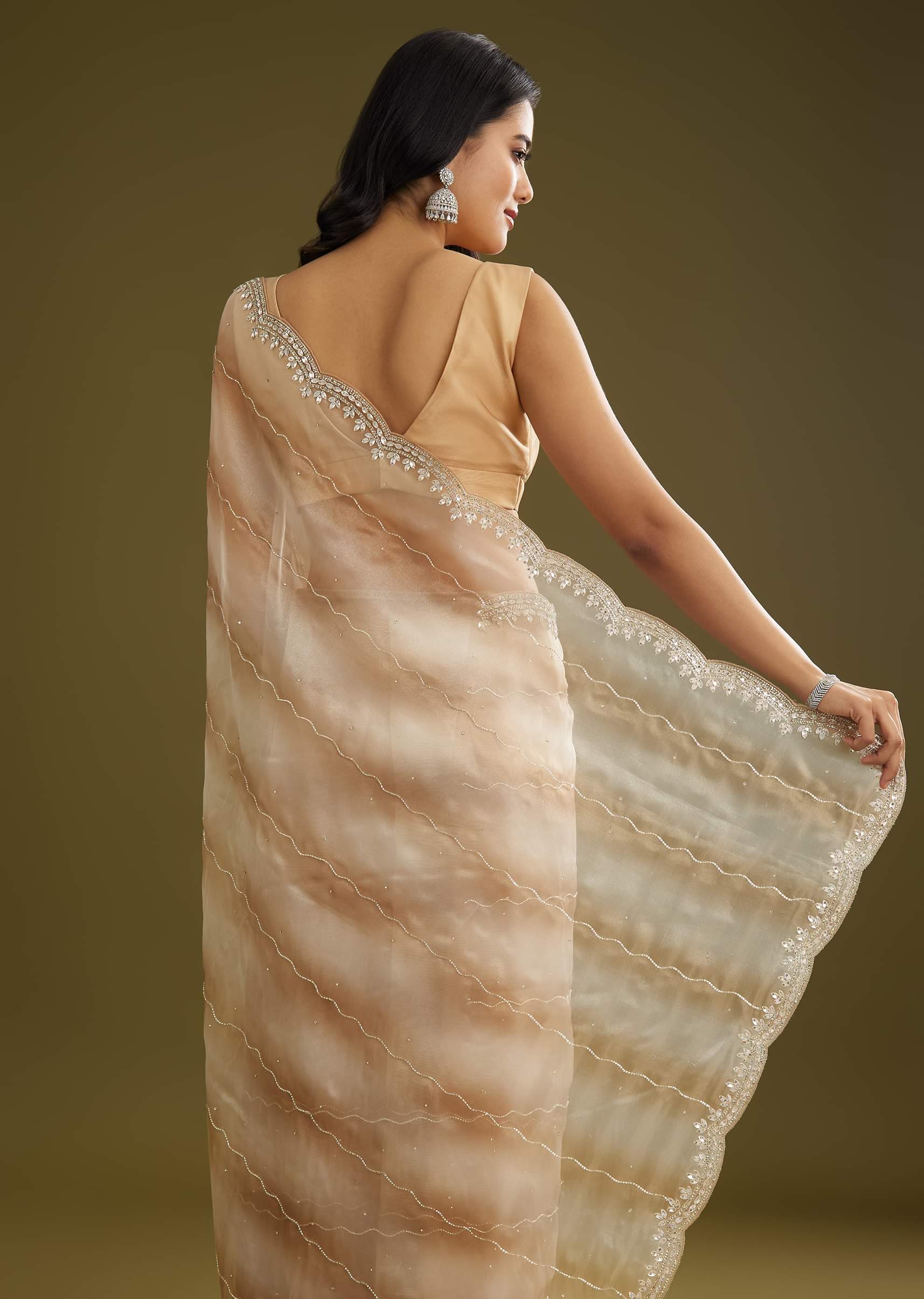 Beige Shaded Glass Tissue Saree With Stone Embellishment - Image 4