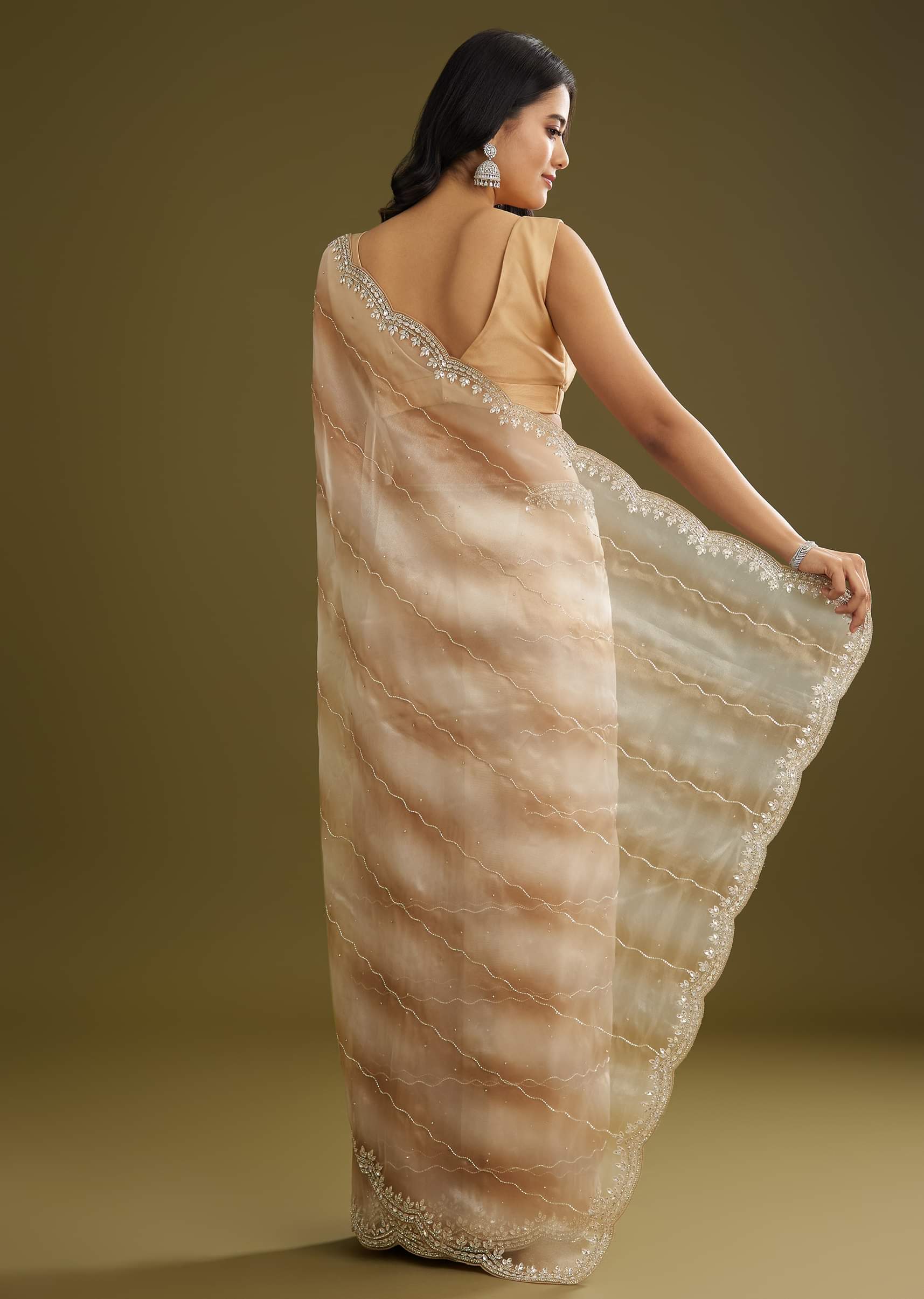 Beige Shaded Glass Tissue Saree With Stone Embellishment - Image 6