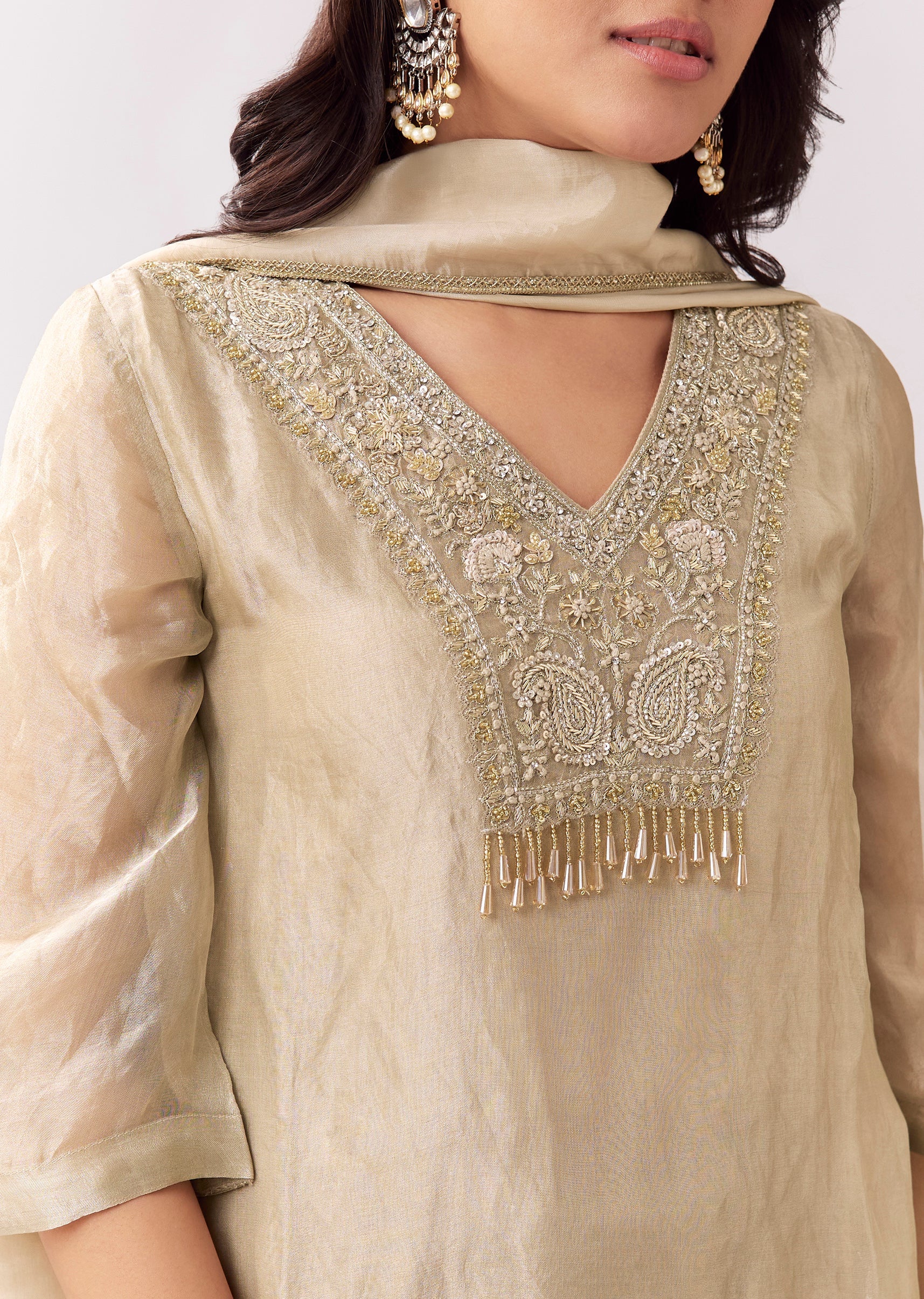 Beige Shimmer Palazzo Suit With Sequin Work - Image 2