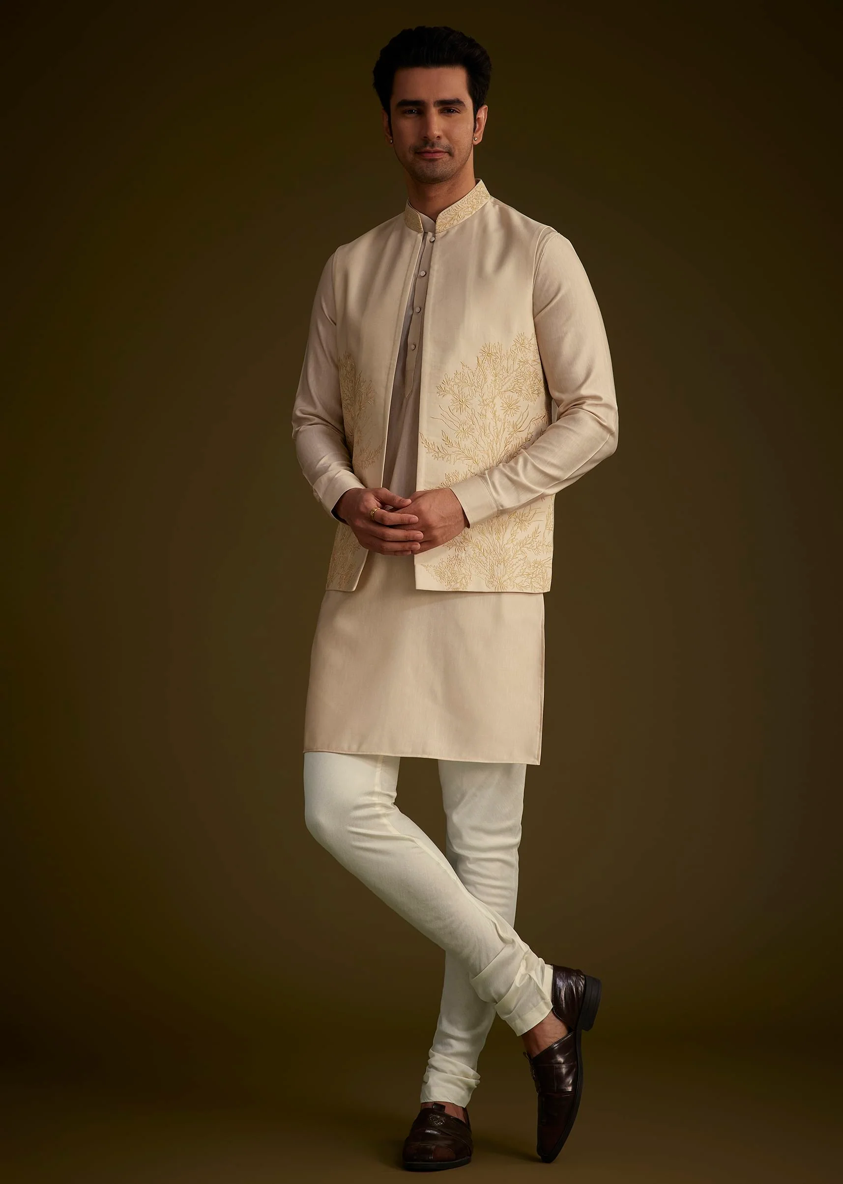 Beige Silk Blend Kurta Set With Embroidered Nehru Jacket - Image 3