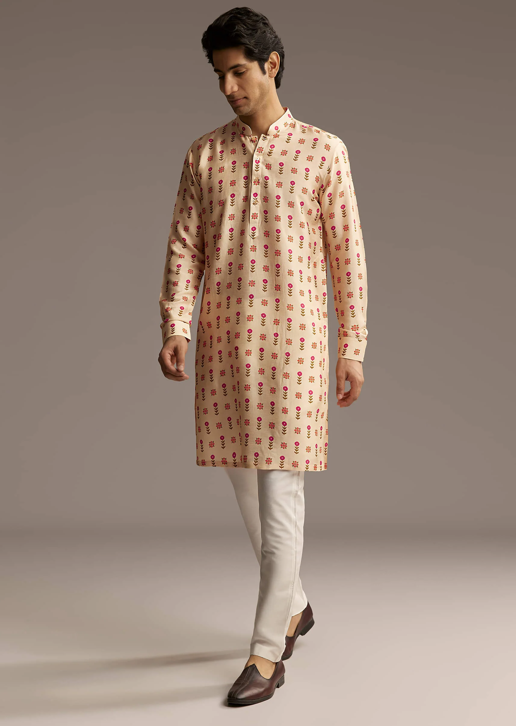 Beige Silk Designer Kurta For Men With Floral Print - Image 2