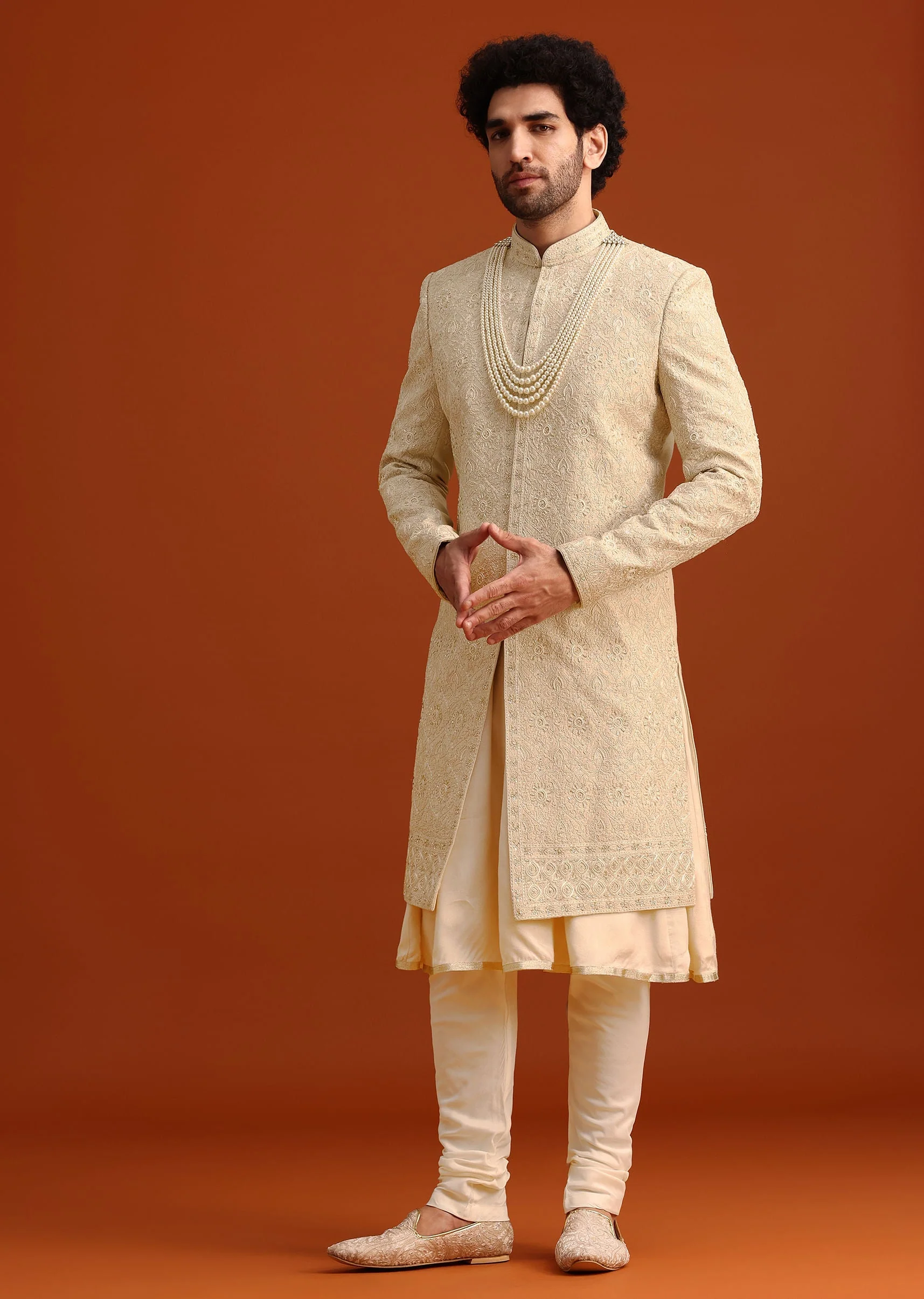 Beige Silk Embroidered Sherwani And Kurta Set With Dupatta - Image 3