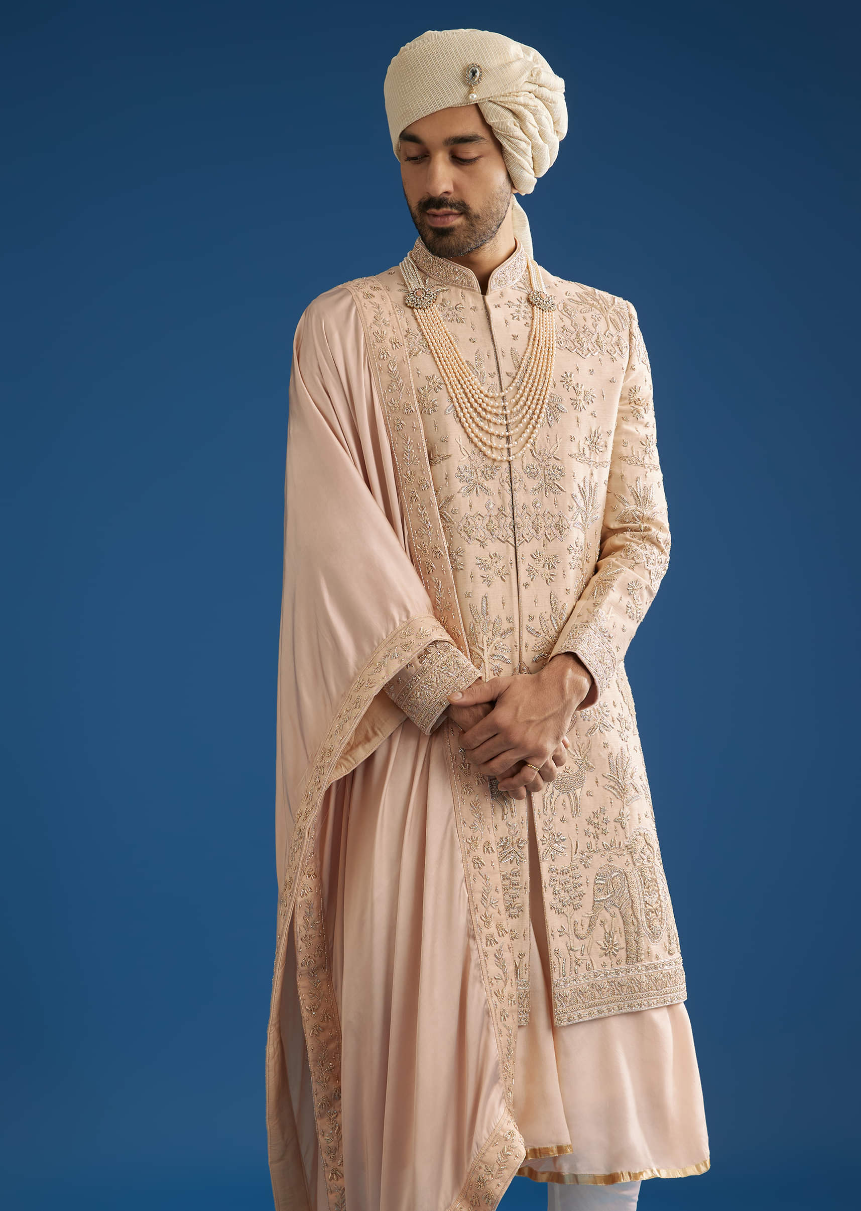 Beige Silk Groom Sherwani Set With Zardosi Work - Image 3