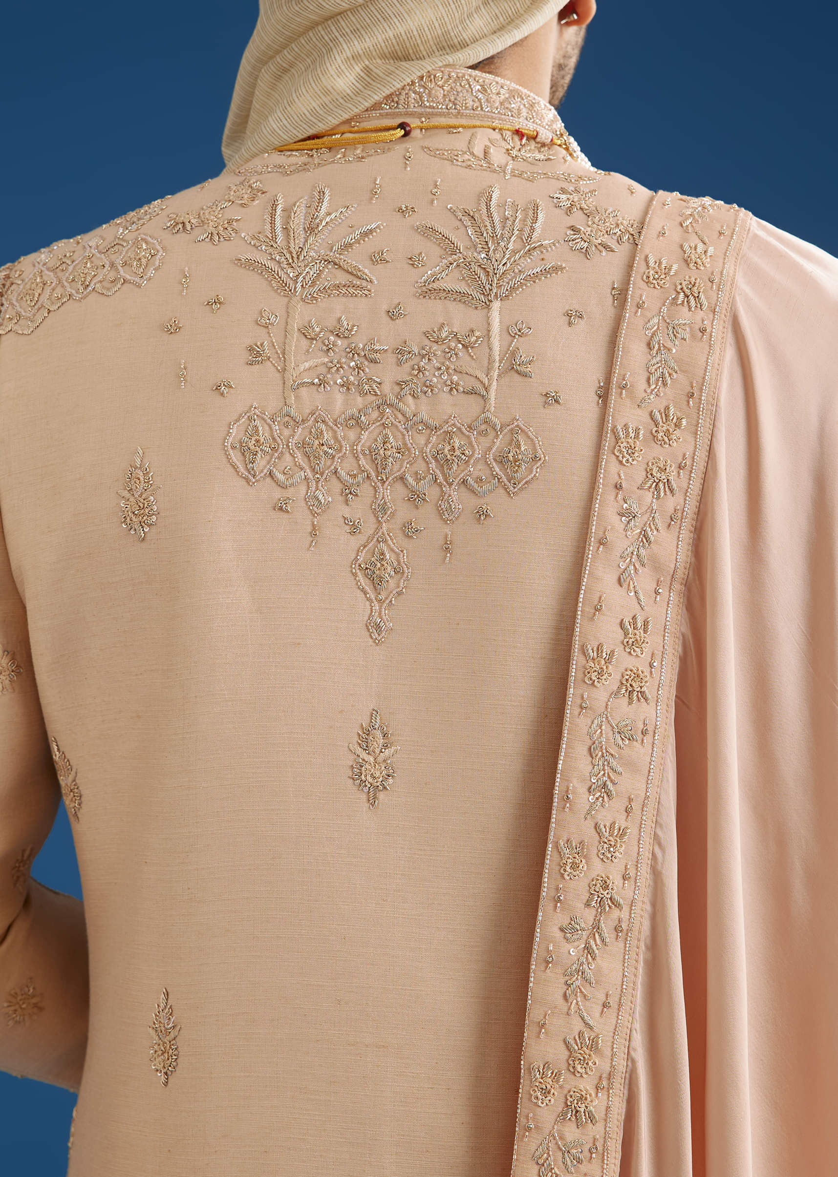 Beige Silk Groom Sherwani Set With Zardosi Work - Image 5